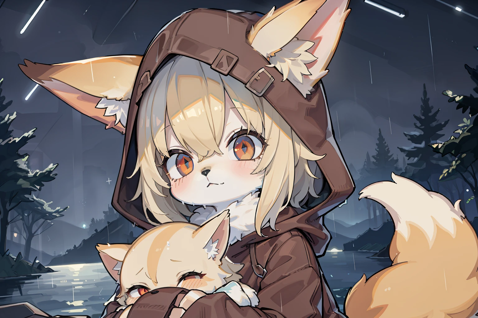 Fox Boy,hairy pubic,shaggy,Golden fur,Golden yellow face fur,Short straight blonde hair,Eyes have light,Red eyes,Super cute face,Brown elements on fur,Brown hooded coat,Beautiful lights and shadows,Ambient light,Ultra-fine fur,volumettic light,Night,natural lightting,Fluffy tail,nevando,Brown hood up,Night,Starlight at sea,starrysky,lakeside,Holding a fox doll,rainy outside,rained,rained,raining mood,wash off in the rain,crossed bangs, Hairline, Shiny hair, lone nape hair,Empty eyes, Unconscious,Dilated pupils,Sleepy,dark circles,