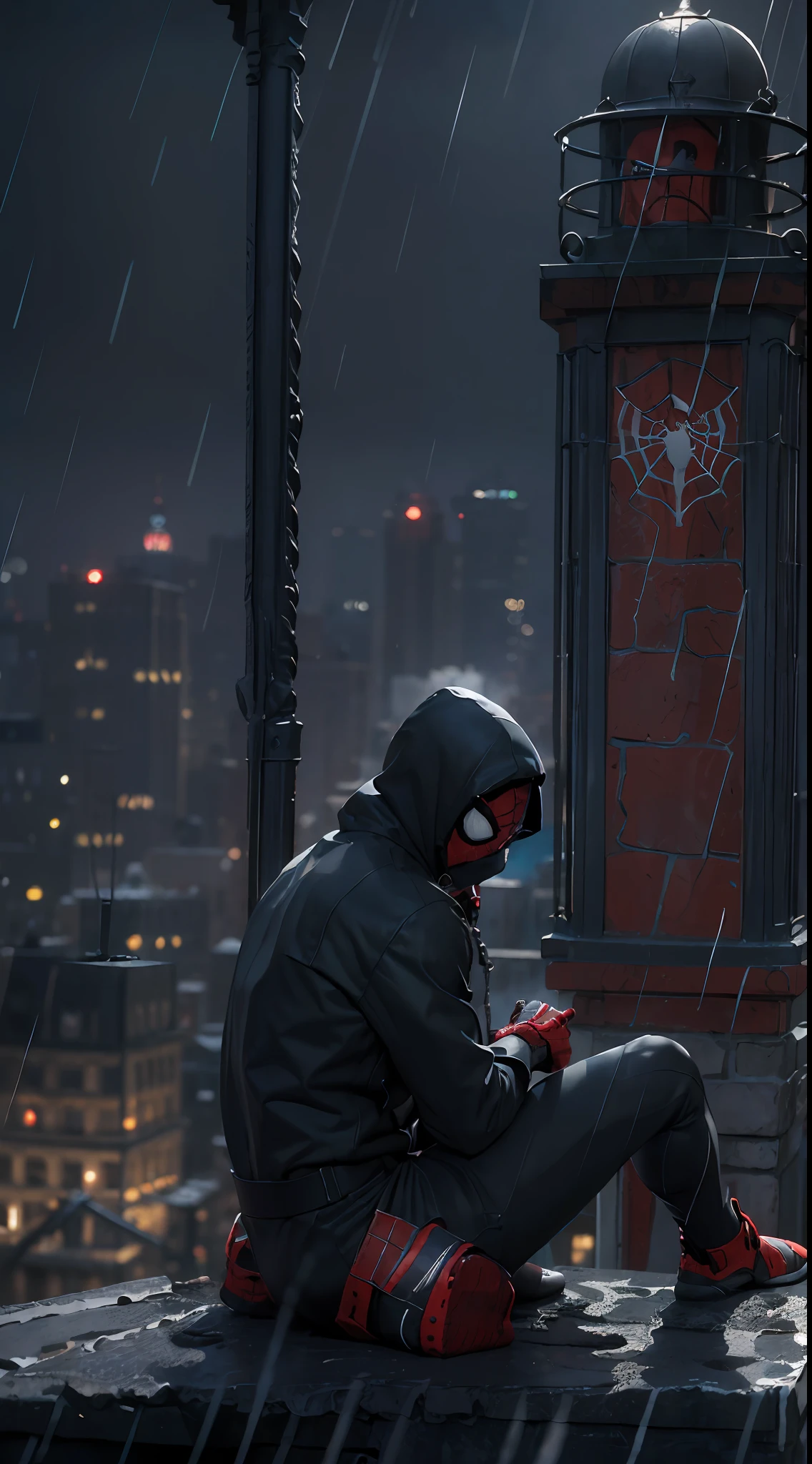 ((best qualtiy)), ((tmasterpiece)), (the detail:1.4), hdr（HighDynamicRange）,8K，nigth，very heavy rain，1boy ,Spider-Man in Black，((Sit on the bell tower))，Behind it is a huge clock，Black jumpsuit ,Spidey，sitted，Black hoodie，sitting on the edge of roof, Lonely，squat on the roof