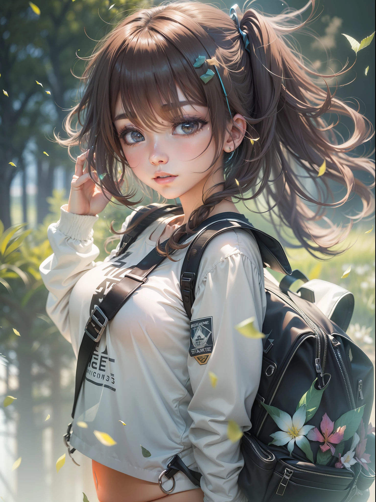 (beautiful and magnificent skyline, majestic sky), (extremely tense and dramatic pictures, moving visual effects), (high hanging Polaris, colorful natural light), (1girl), (long-sleeved top, denim shorts, carrying a backpack), (dynamic pose:1.3, black eyes, black hime-cut hair, sparkling girl)[:0.8], (large grassland), (oncoming breeze), (brown hair and background Coordination effect: 1.2), (close shot, long shot mix and match)[::0.9]