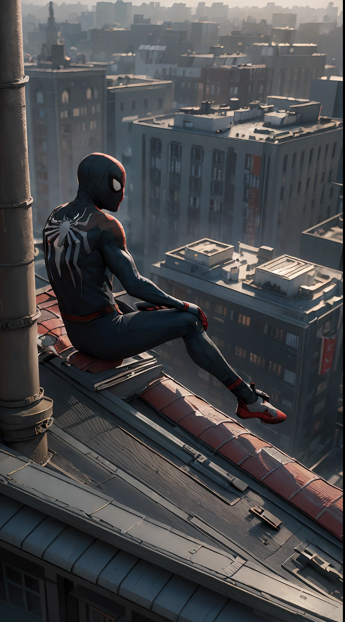 ((best qualtiy)), ((tmasterpiece)), (the detail:1.4), hdr（HighDynamicRange）,8K raw data、1boy,Black Spider-Man，Black jumpsuit ,Spidey，sitted，Black hoodie，sitting on the edge of roof, Lonely，Squat on the roof