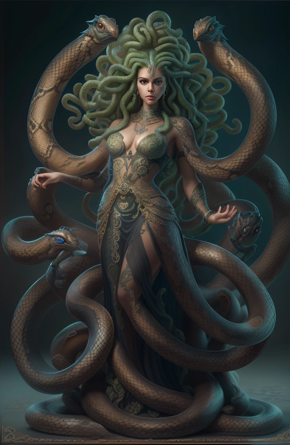 ((best quality)), ((masterpiece)), ((realistic)), Medusa, full body, the hair is composed of countless small snakes, green eyes, female face, metal carved top, royal aura, trend on artstation , sharp focus, studio photo, intricate detail, very detailed, detailed eye, illustration, very detailed, sharp focus, digital render, professional, 4k