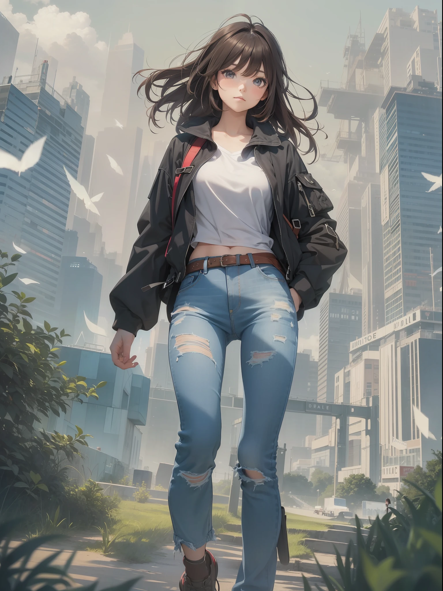 (beautiful and magnificent skyline, majestic sky), (extremely tense and dramatic pictures, moving visual effects), (high hanging Polaris, colorful natural light), (1girl), (long-sleeved top, denim shorts, carrying a backpack), (dynamic pose:1.3, black eyes, black hime-cut hair, sparkling girl)[:0.8], (large grassland), (oncoming breeze), (brown hair and background Coordination effect: 1.2), (close shot, long shot mix and match)[::0.9]