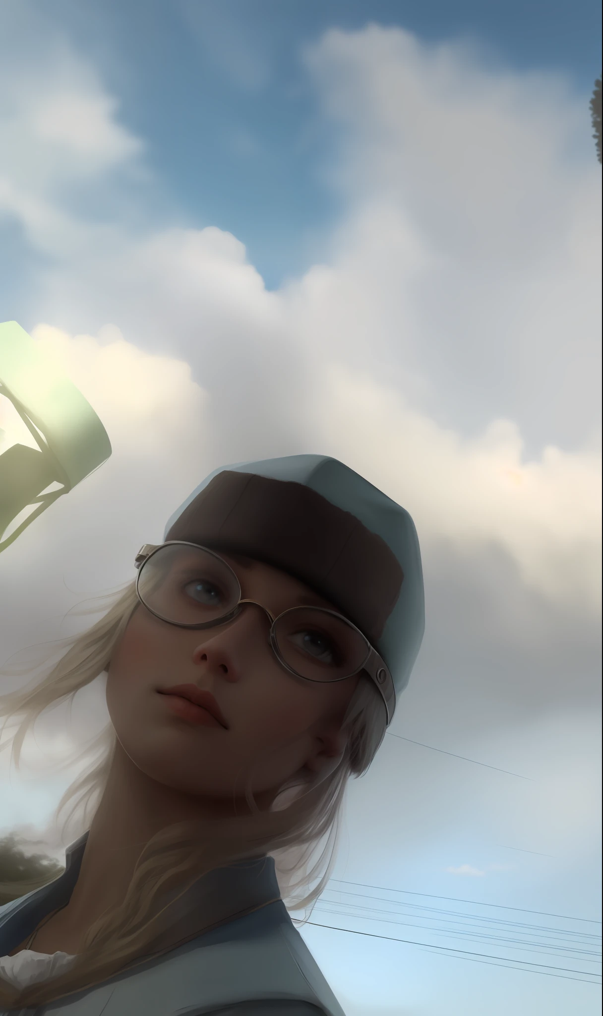 ((melhor qualidade)), ((obra-prima)), ((detalhado)). Uma garota de oculos redondo, looking at the camera, camisa de estudante, qualquer colar de ferro que seja bonito, clouded skies, tentar fazer um rosto parecido da foto fornecida, with Russian Soviet hat ushanka.