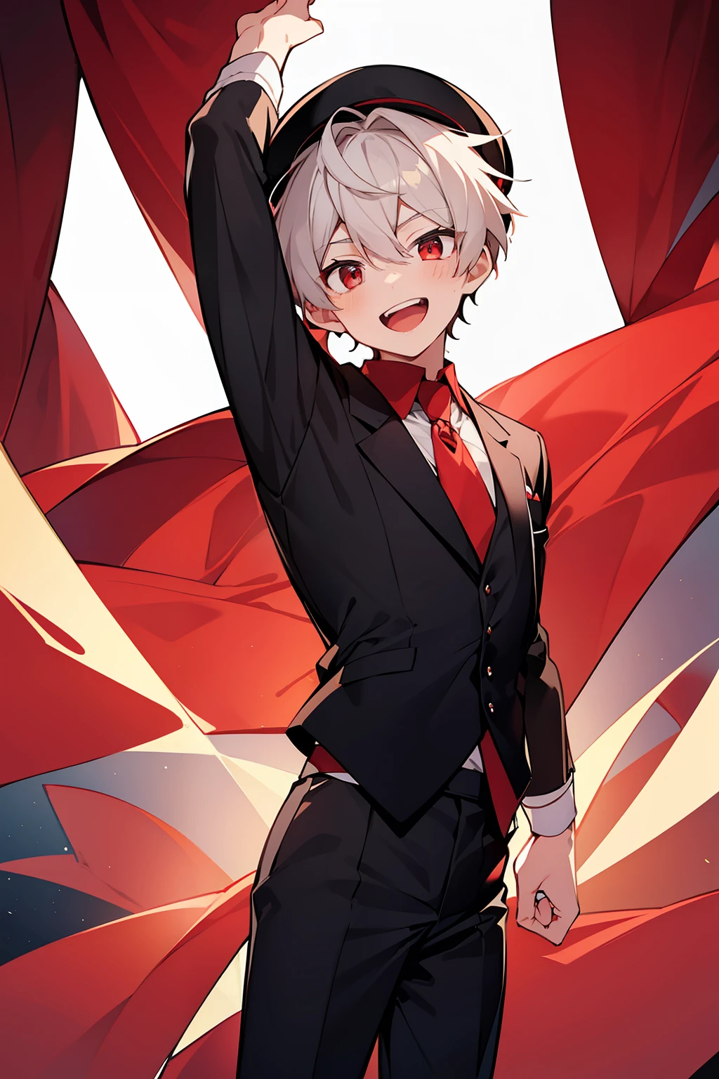 (high-quality, breathtaking),(expressive eyes, perfect face), 1boy, male, solo, short, young boy, short white hair, red eyes, laugh, black suit, fedora, red curtains, party, dance
