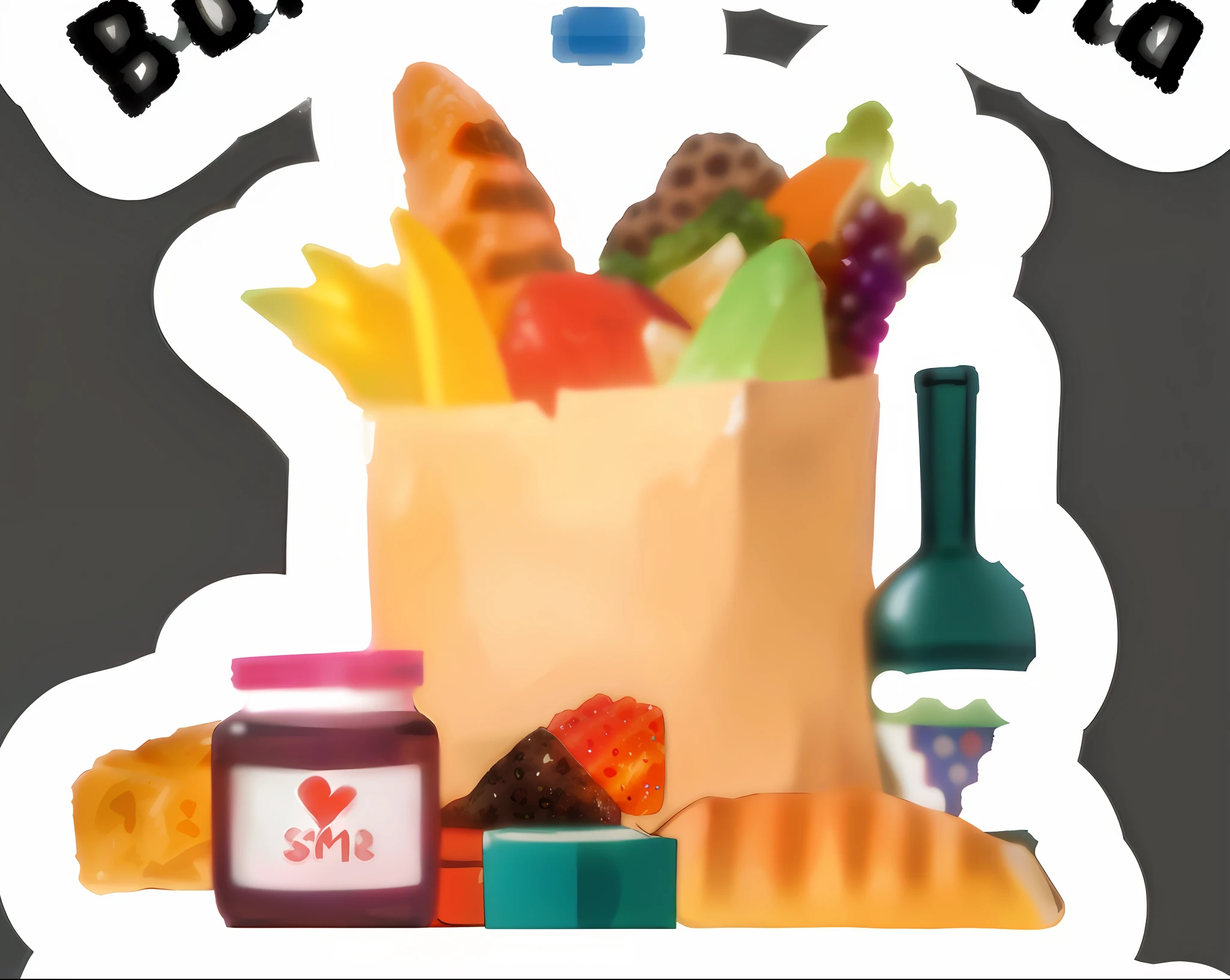 There is a bag of food and a bottle of wine on the table, compras de mantimentos, Conseguir mantimentos, prestes a consumi-lo, Comer, [ arte digital ]!!, inspirado em Pia Fries, Detalhes adicionais, conceito, saco, delicioso, 2 d render, fundo desfocado, food and consumerism, Vinheta pesada!, imagem desfocada, mercado, cozinha, arte conceitual, alimento --auto