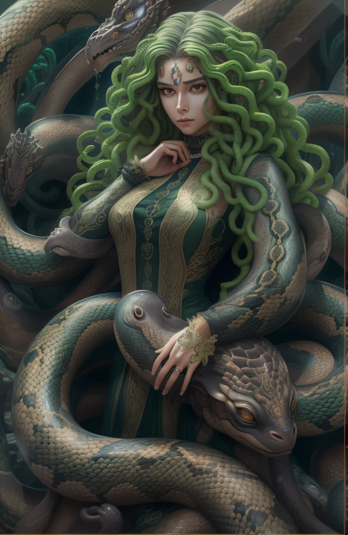 ((best quality)), ((masterpiece)), ((realistic)), Medusa, full body, the hair is composed of countless small snakes, green eyes, female face, metal carved top, royal aura, trend on artstation , sharp focus, studio photo, intricate detail, very detailed, detailed eye, illustration, very detailed, sharp focus, digital render, professional, 4k