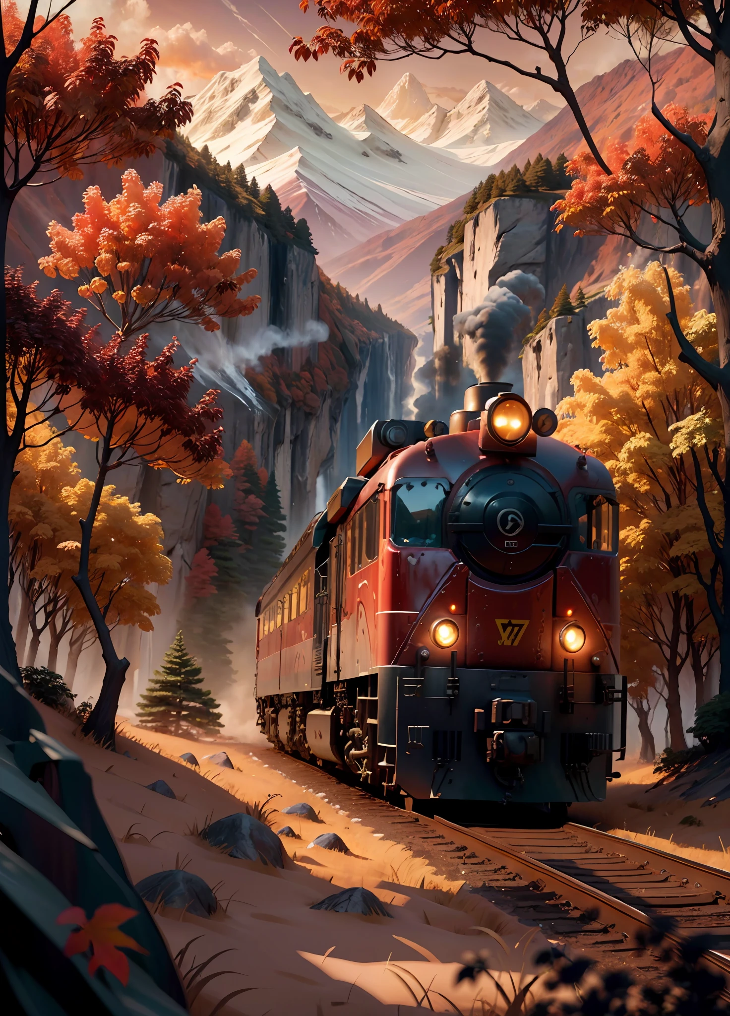 landscape, A mountain in the jungle, AA train is moving from the top, the train is in the style of an 18th century steam train, the train is red in appearance, the whole landscape is autumn, Lighting details, Overhead perspective, Anime style with defining strokes, Dark background with noon sun light, 8K, hyper HD, severe low lighting, High quality, Sharp focus, Fujifilm XT3