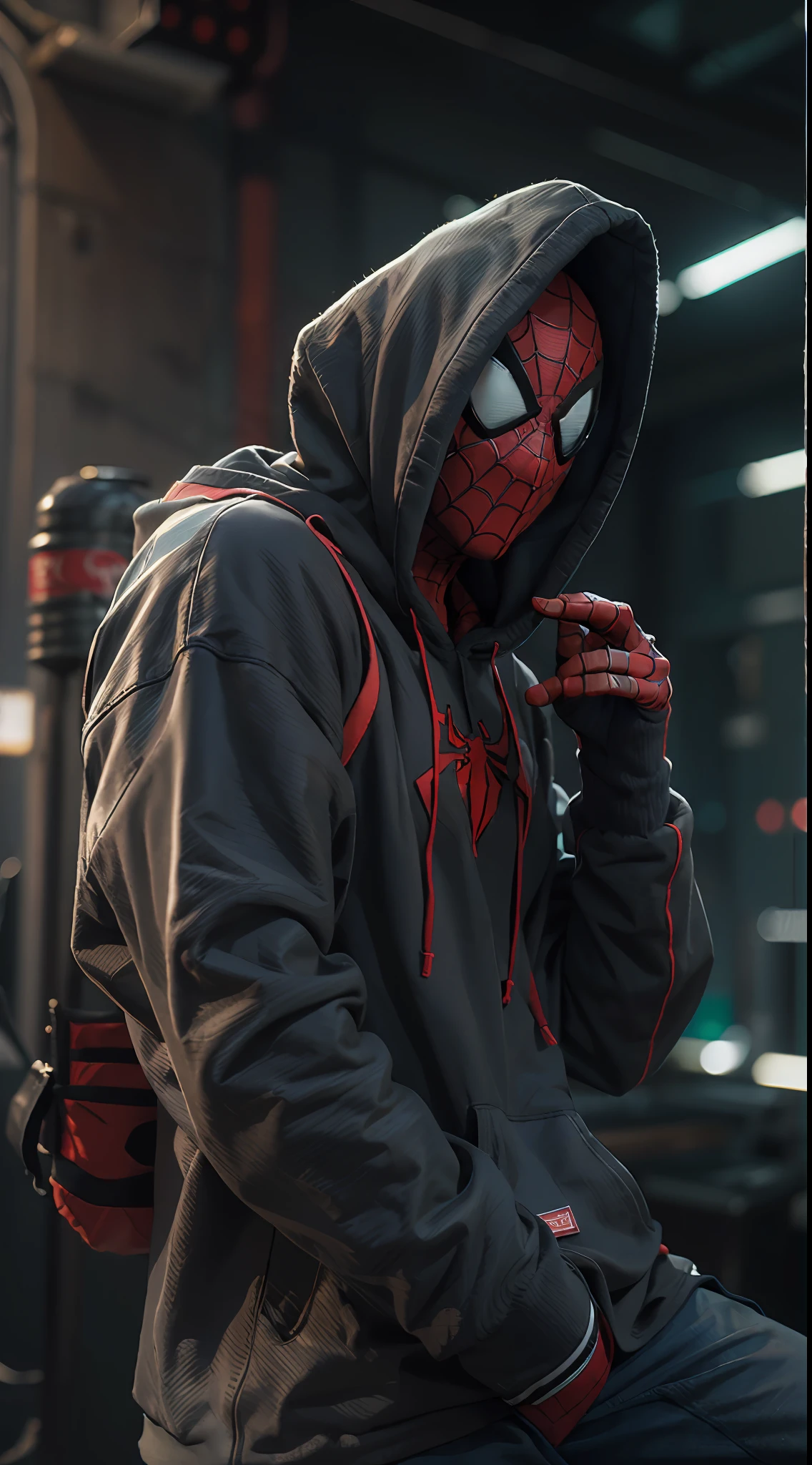 ((best qualtiy)), ((tmasterpiece)), (the detail:1.4), HDR（HighDynamicRange）,8K RAW、1boy，Spidey，sitted，Coke in hand，Wear a hoodie，Backshot，looking at viewert
