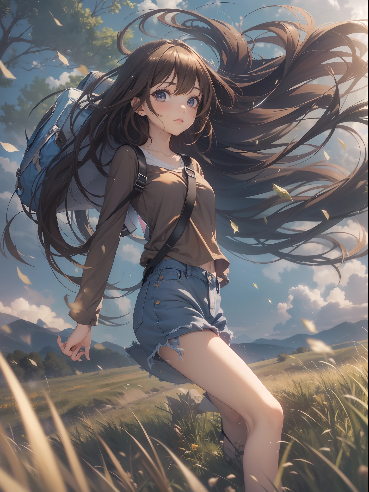 (beautiful and magnificent skyline, majestic sky), (extremely tense and dramatic pictures, moving visual effects), (high hanging Polaris, colorful natural light), (1girl), (long-sleeved top, denim shorts, carrying a backpack), (dynamic pose:1.3, black eyes, black hime-cut hair, sparkling girl)[:0.8], (large grassland), (oncoming breeze), (brown hair and background Coordination effect: 1.2), (close shot, long shot mix and match)[::0.9]