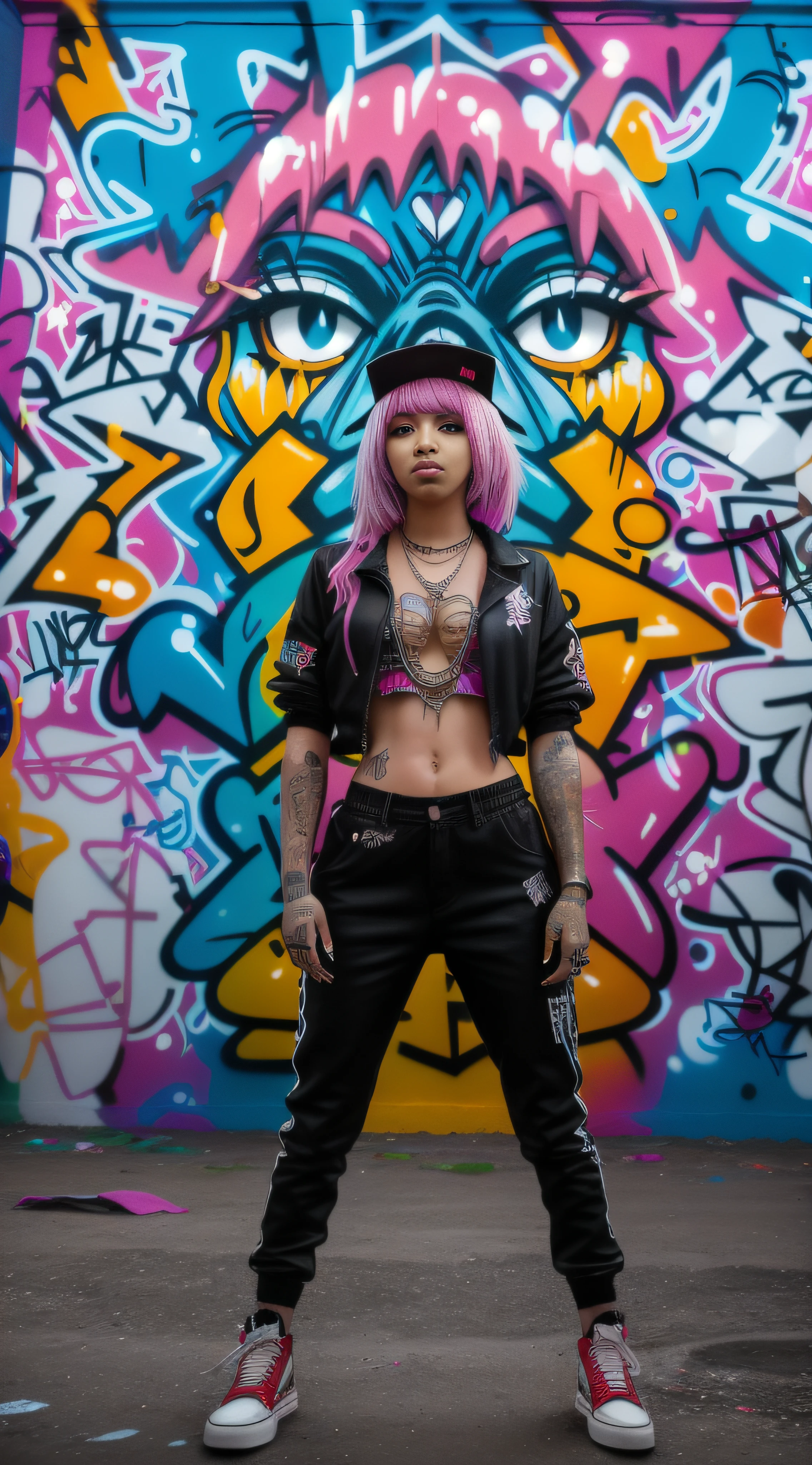 masterpiece, 8k, phone wallpaper,13 mm lens, (graffiti art of a female cyburpunk rapper:1.3) (artist is doing a power pose in front of the graffiti) raw, ultra high intricate details, fresh paint, paint dripping, (dirty graffiti wall:1.3) (dynamic lights)(leave shadows) (gobo:1.3) (trafic cones) (dirty roads) (wide shot:1.2)
