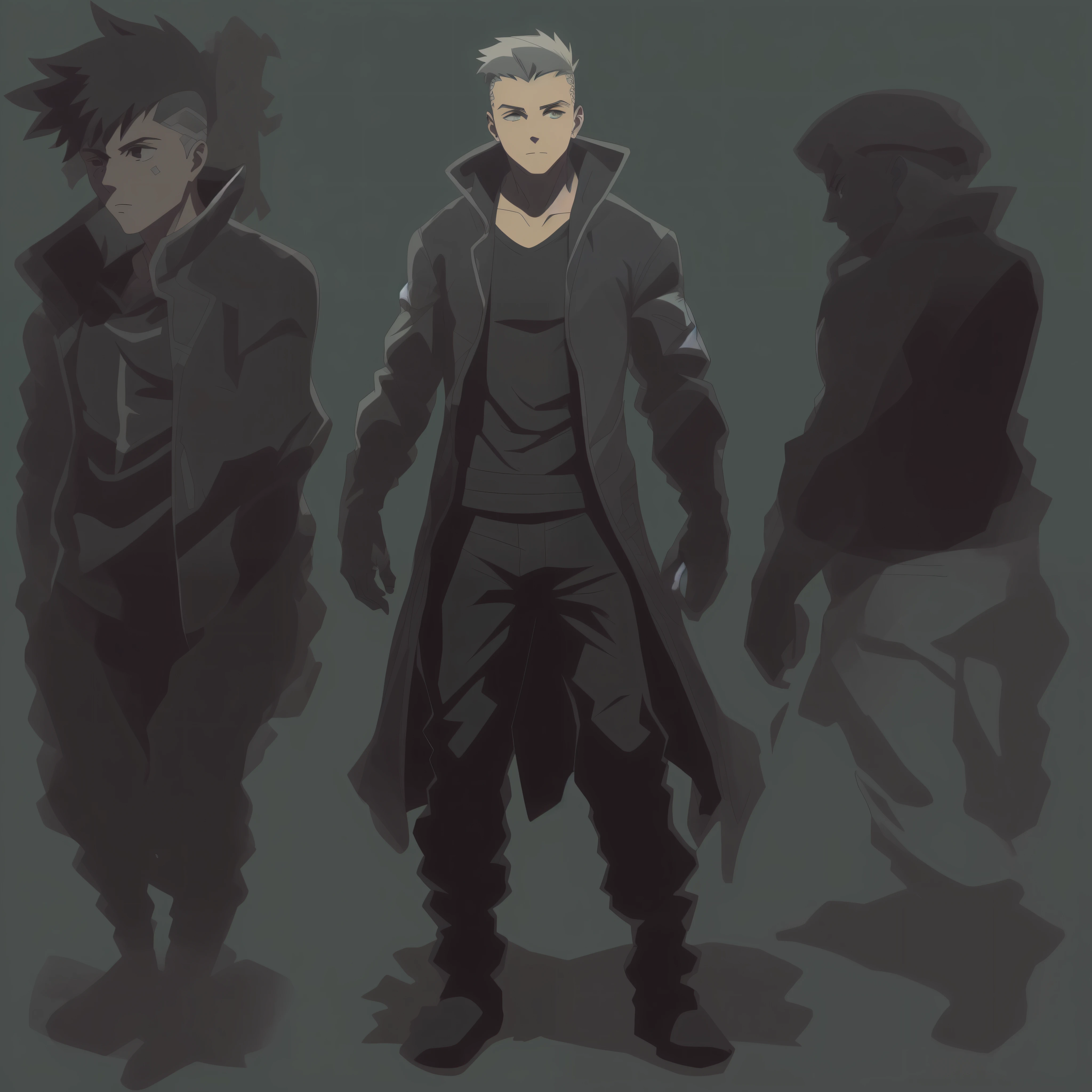 Create the art of a young male human character with a normal body and average height, vestindo camiseta, jaqueta de trincheira longo da cor preta, Estilo detetive Noir, Estilo Shadowrun, Personagem inspirado em Shadowrun