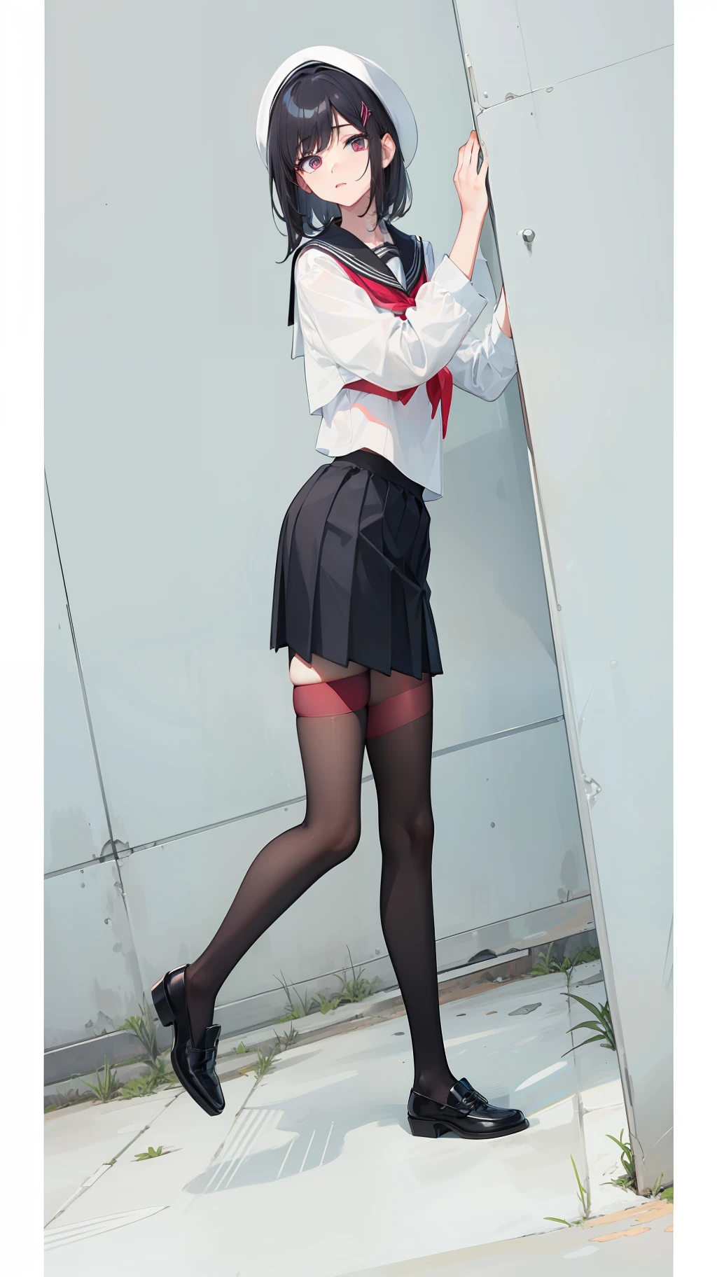 cabelos preto e longos,JK school uniform,black pantyhoses,Black leather shoes