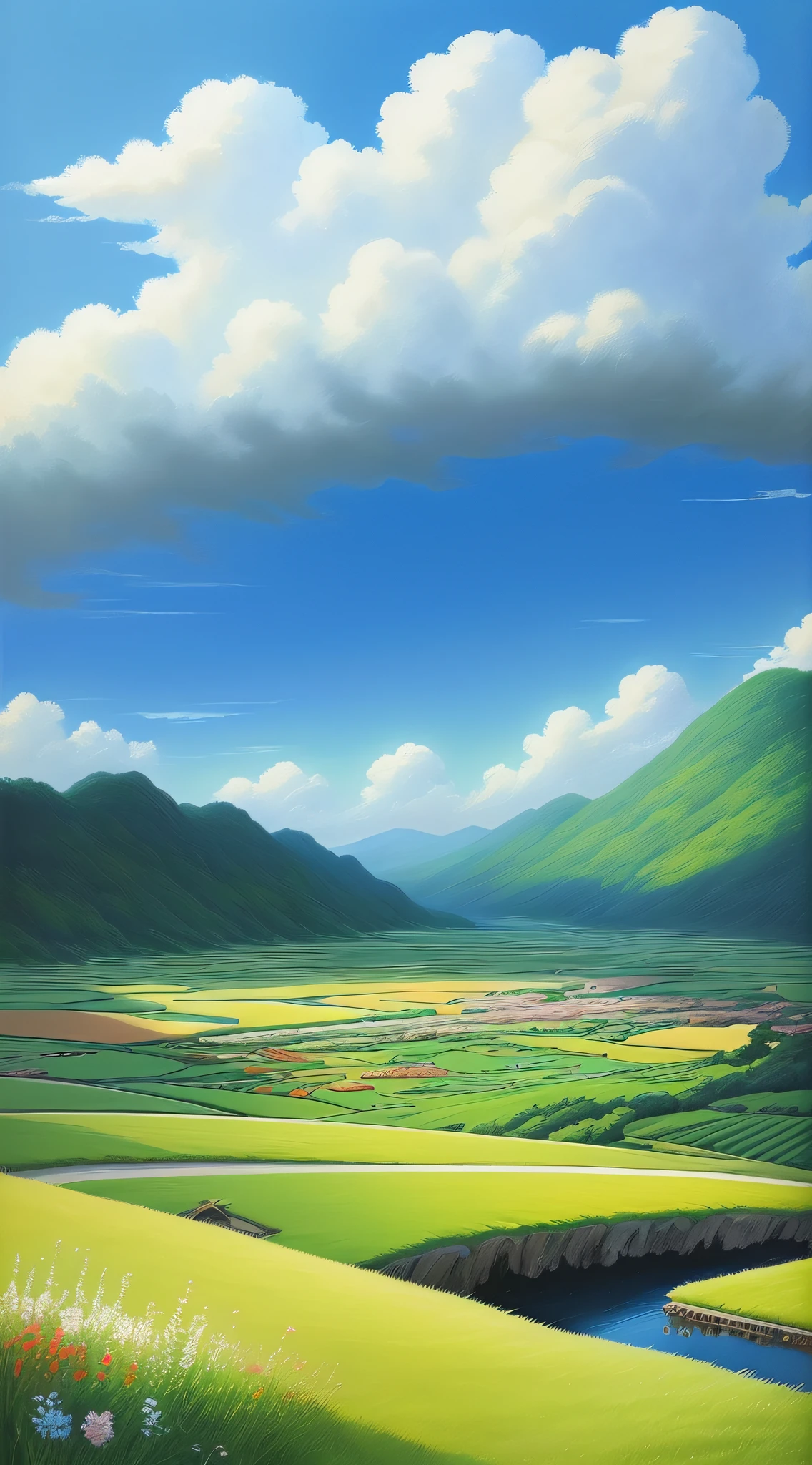 Realistic, authentic, beautiful and amazing landscape oil painting Studio Ghibli Hayao Miyazaki&#39;s petal grassland with blue sky and white clouds --v6