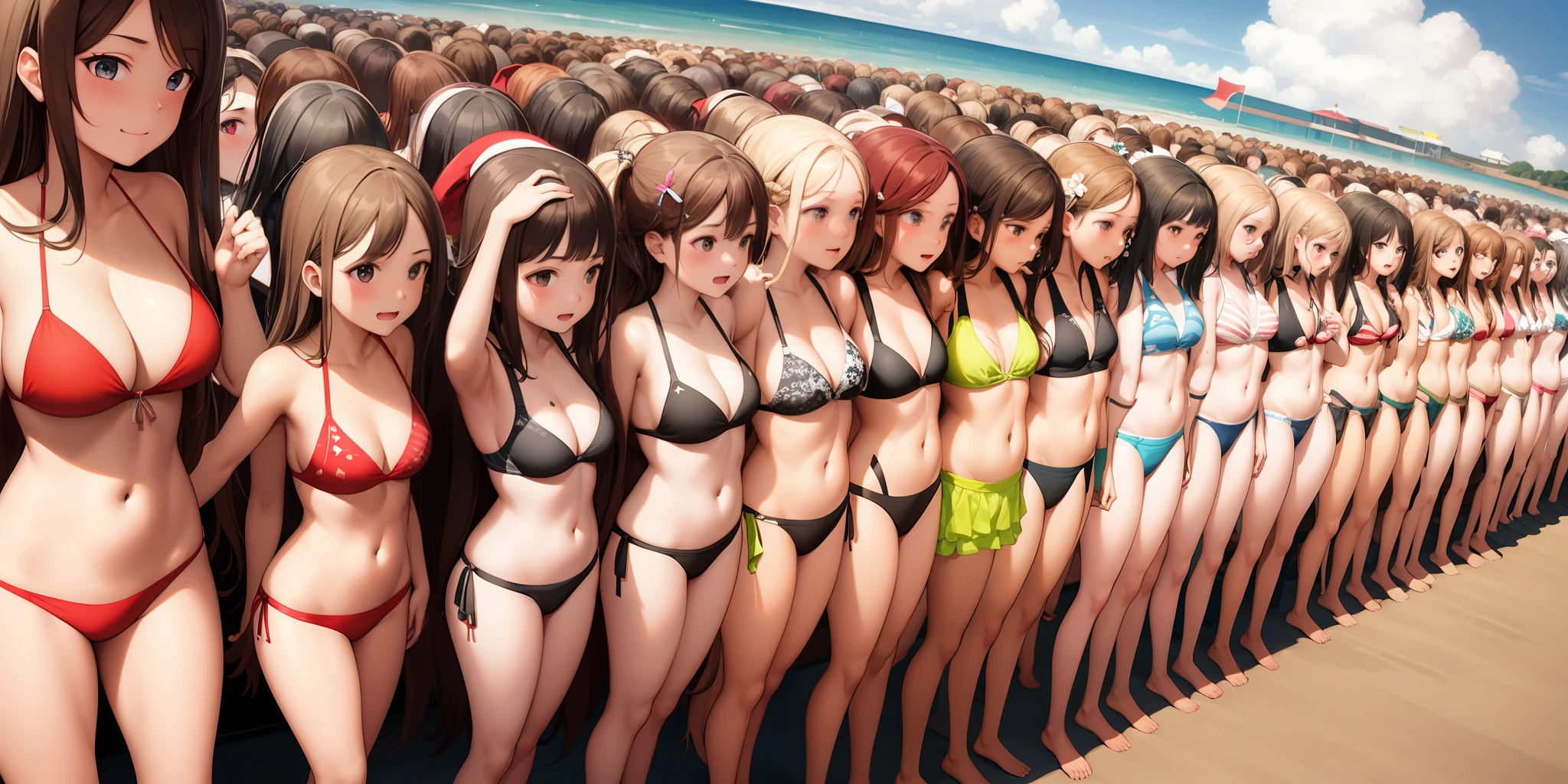 ((Thousands of, millions of, crowd of)), 100girls,crowded, teenagers, long hair, brown hair, curly hair, hazel eyes, pink bikini, sexy, many rows of girls, girls standing in formation, only girls, sisters, identical bikinis, matching bikinis, looking at viewer, outdoors, beach