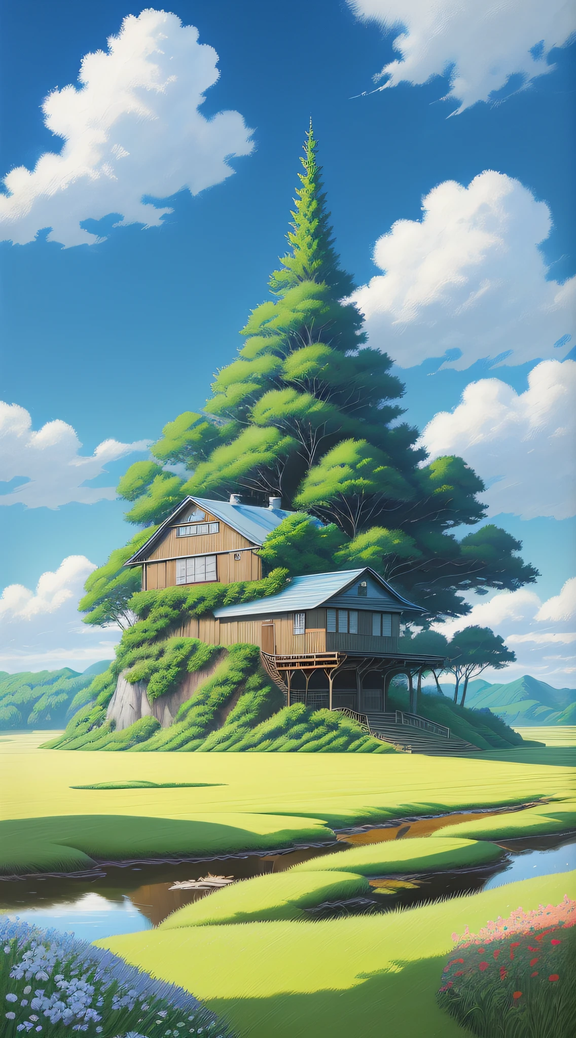 Realistic, authentic, beautiful and amazing landscape oil painting Studio Ghibli Hayao Miyazaki&#39;s petal grassland with blue sky and white clouds --v6