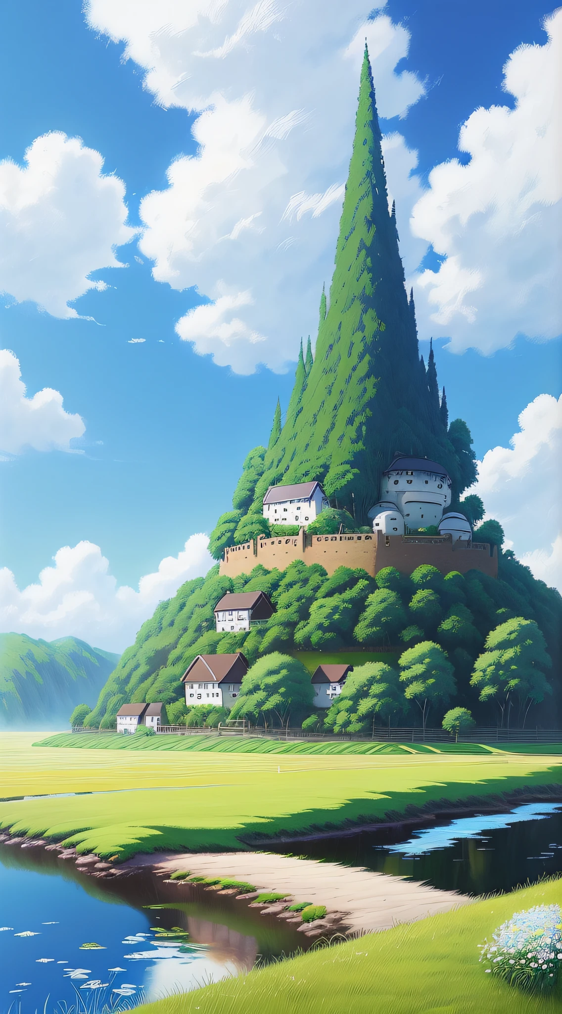 Realistic, authentic, beautiful and amazing landscape oil painting Studio Ghibli Hayao Miyazaki's petal grassland with blue sky and white clouds --v6