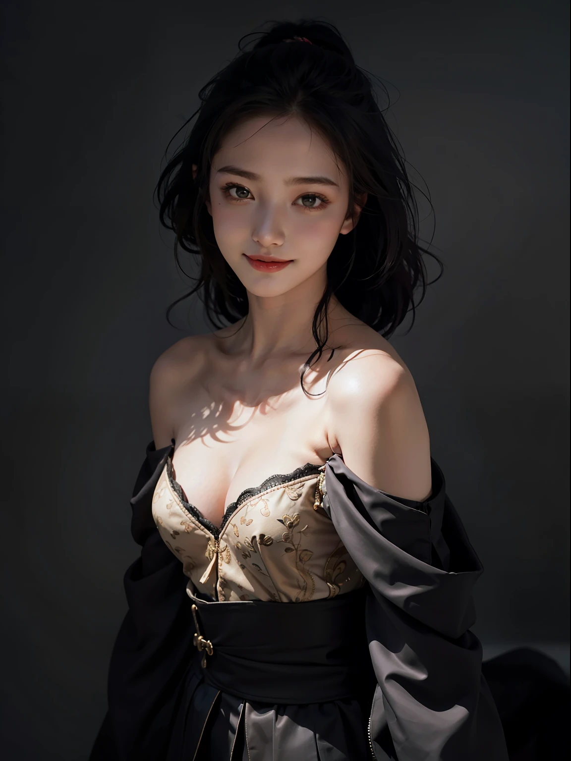 1girl, offshoulder, smile, cute, waist up, deep shadow, in the dark, low key
best quality, masterpiece, (photorealistic:1.4)