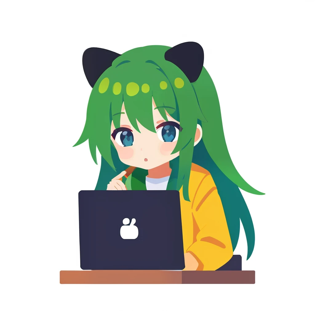 超A high resolution, nffsw, Best aesthetic, Best Quality, masutepiece, ik1、I am using a computer、1girl in、Jade-colored jacket、cartoon bone、Plain white background