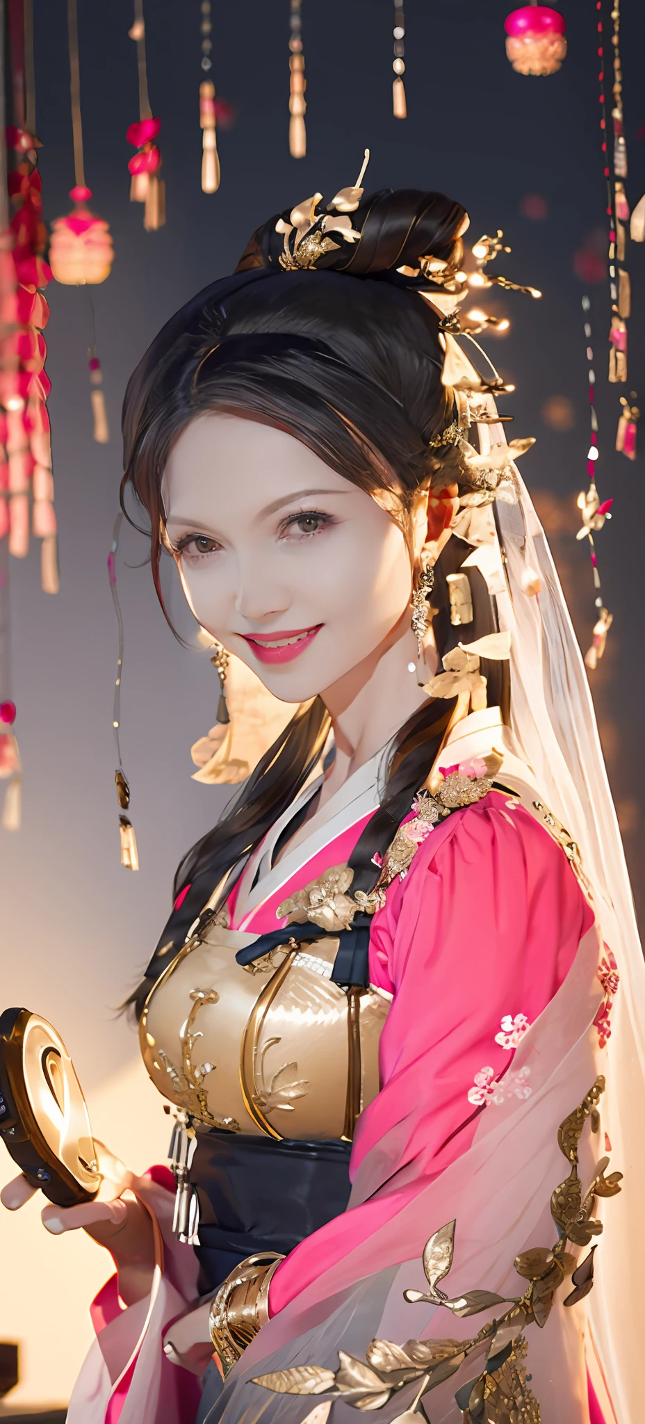 Beautiful details for girl，Very detailed eyes and face，beautiful eyes in detail，ultra - detailed，A high resolution，Very detailed，The best quality，illustration，exquisite detailing，Best quality，Very detailed CG，8k wallpaper，one-girl，woods，Long black hair，pony tails，Gold ornaments，bangle，(White veil)，Beauty of the Western Regions，With a machete，(((Pink clothes)))，peach blossom，Lanterns，complex texture，Hanfu，Streamers，the complex background，