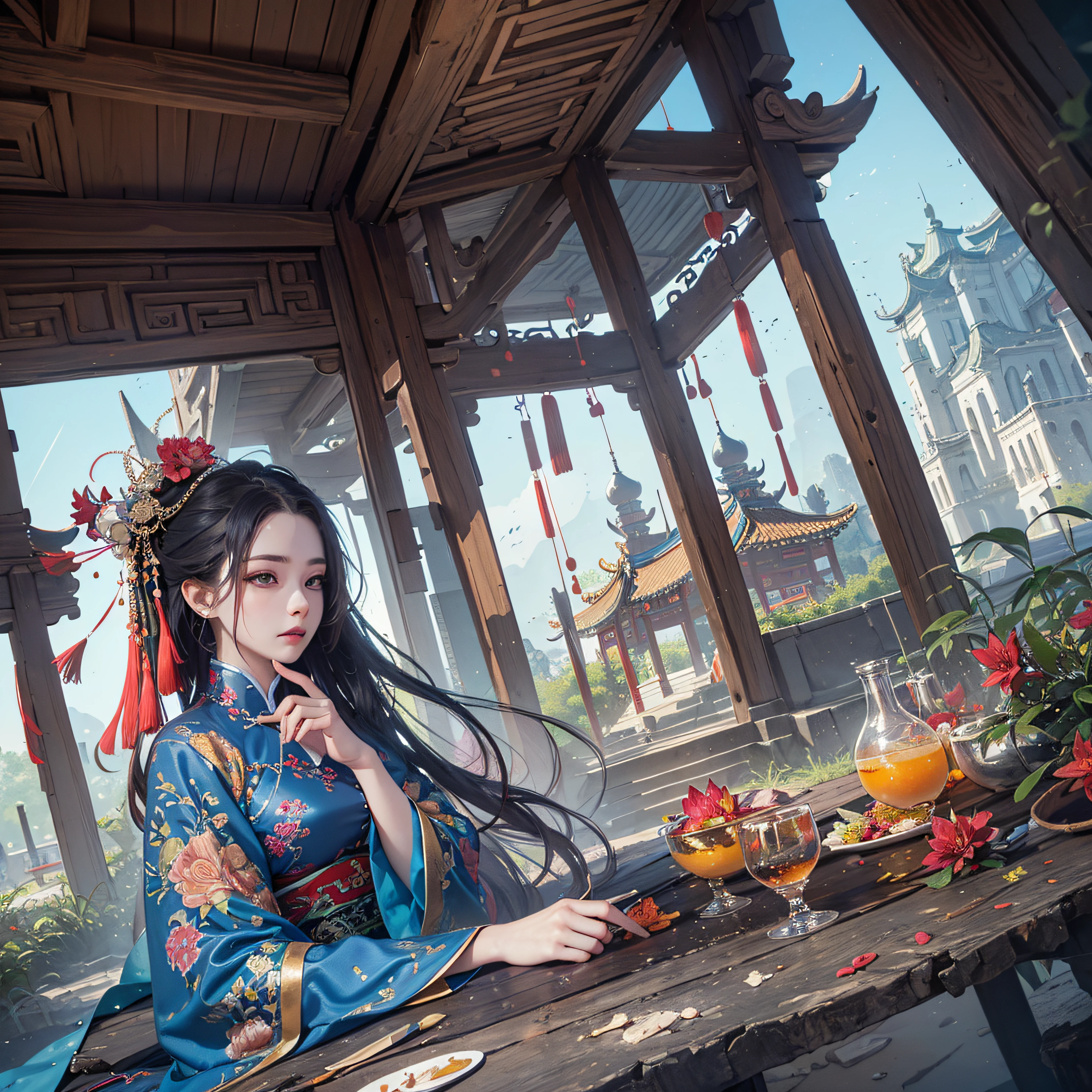 (8k, RAW photo:1.2),best quality, ultra high res,dramatic angle,(fluttered detailed color splashs), (illustration),(((1 girl))),(long hair),(rain:0.9),(hair ornament:1.4),there is an ancient palace beside the girl,(((chinese clothes))),(focus on), color Ink wash painting,(color splashing),colorful splashing,((colorful)),(((cool colors))),(((Tang dinasty)))(sketch:0.8), Masterpiece,best quality, beautifully painted,highly detailed,(denoising:0.6),[splash ink],((ink refraction)), (beautiful detailed sky),moon,highly,detaild,(masterpiece, best quality, extremely detailed CG unity 8k wallpaper,masterpiece, best quality, ultra-detailed),(Lycoris radiata), architecture, --auto