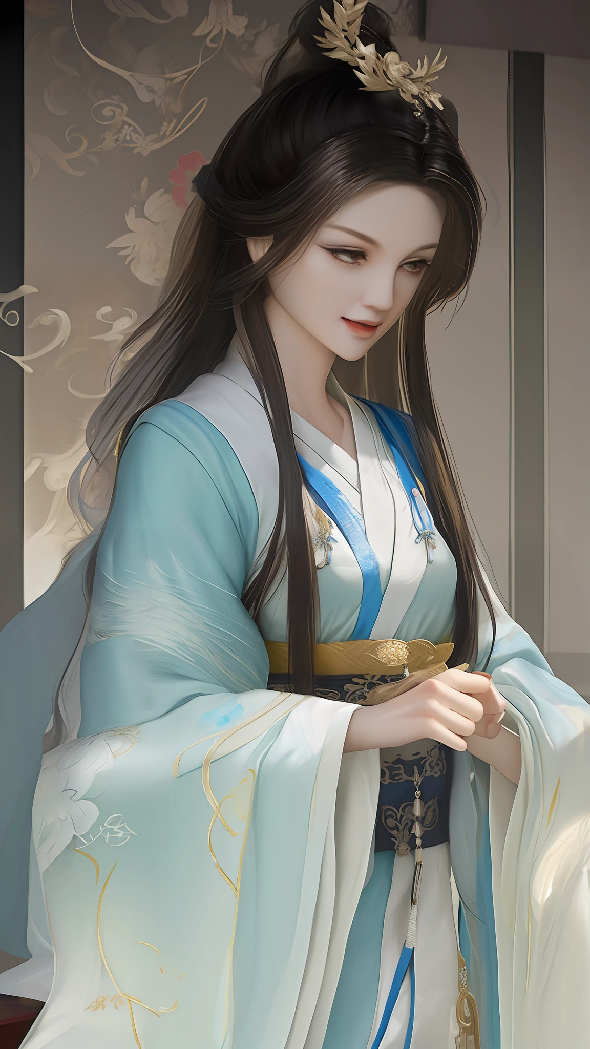 best qualtiy，tmasterpiece，highly detailed wallpaper，1 beautiful woman，female focus，brunette color hair，long whitr hair，详细的脸，gorgeous hair accessory，looking at viewert，Hanfu，超高分辨率，sketching，ink wash style