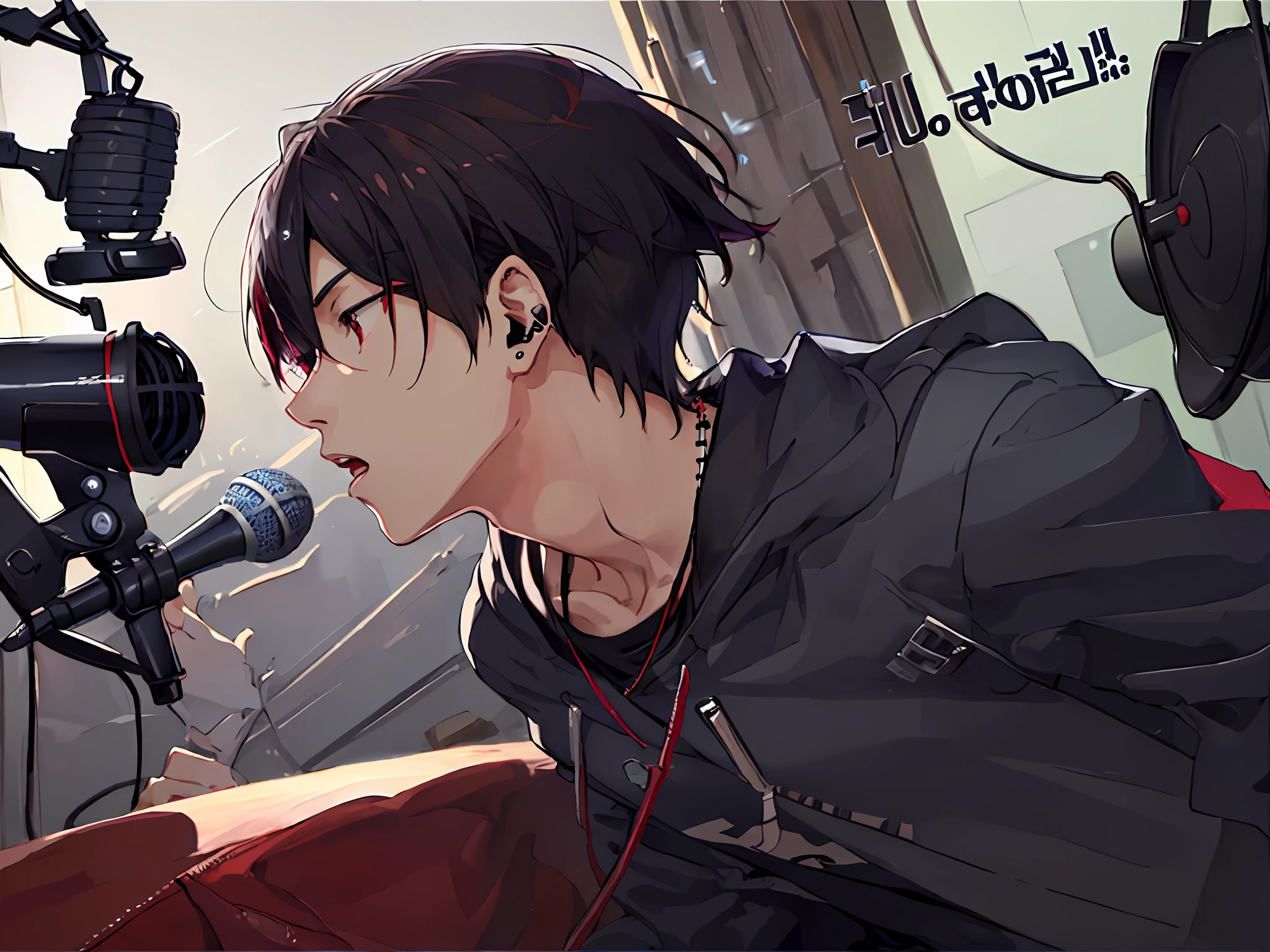 watercolor paiting、Anime boy singing into microphone with headphones, Vocal, singing into microphone, a handsome, profile、Portrait of an idol, sitting in front of a microphone, vocalist, Korean Idol, Studio Boys, A dark-haired, glamor, quadratic element, rapping into microphone, youtube video screenshot, high quality anime art, Erotic、Red Eyes、fullnude、a necklace、De S、I'm embarrassed、big headphone、microphone、Room at home、For adults、nffsw、Red cheeks、mean、leeway、Emo、Broad background