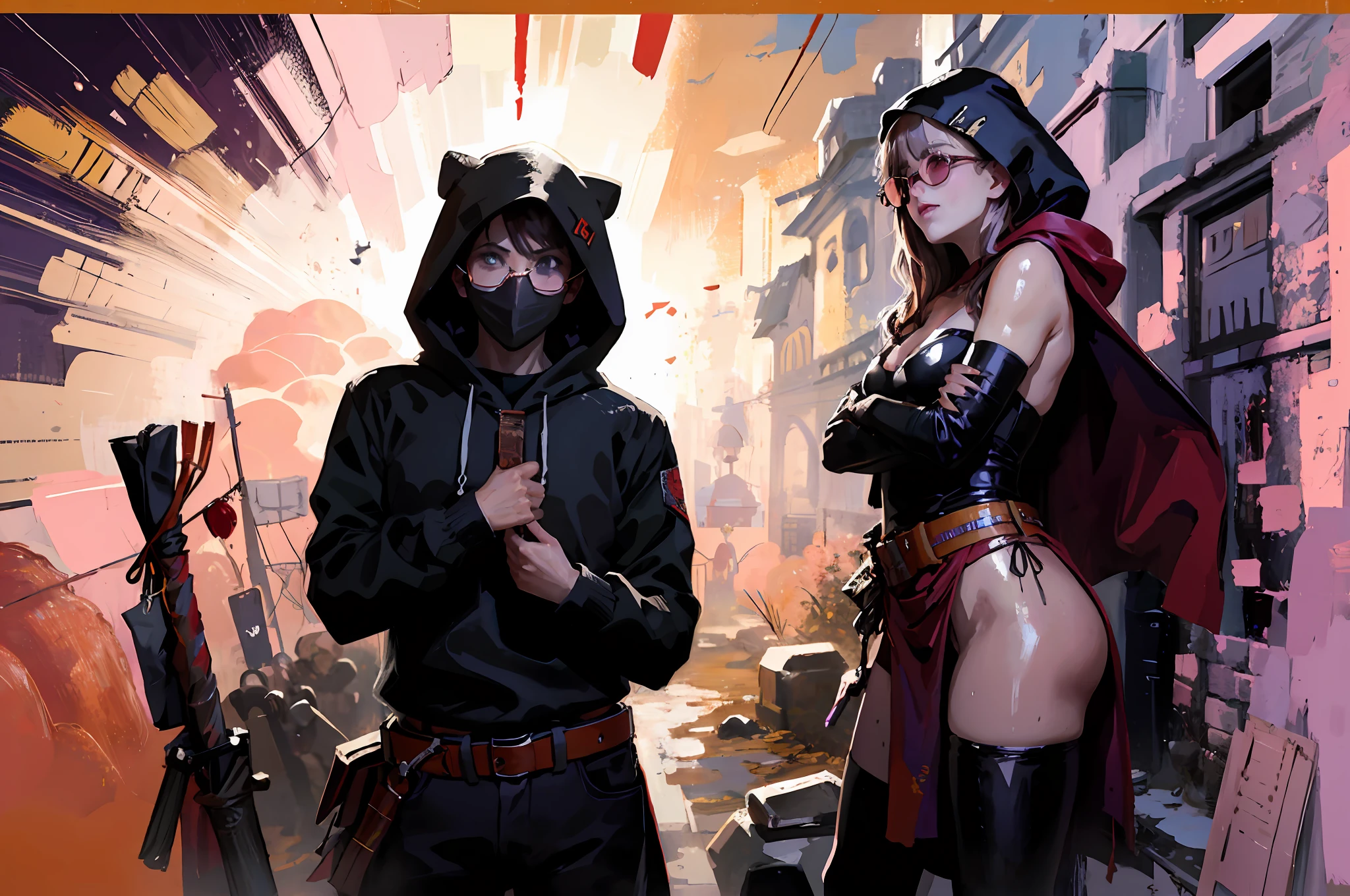 (Against the backdrop of rocks and wasteland) , Torn theme, waist-high, ((Raider's clothes with a hood)), (Protective glasses in the radiator grille), (((The face of a famous actress) )) , , ((Painted with paints)), ((Splashes and smears)), (The Official Art of Paints)), ( rose-colored glasses) , black mantle , (female chest) , Ninja clothing, A sword behind your back, (Successful pose), ( Successful composition)