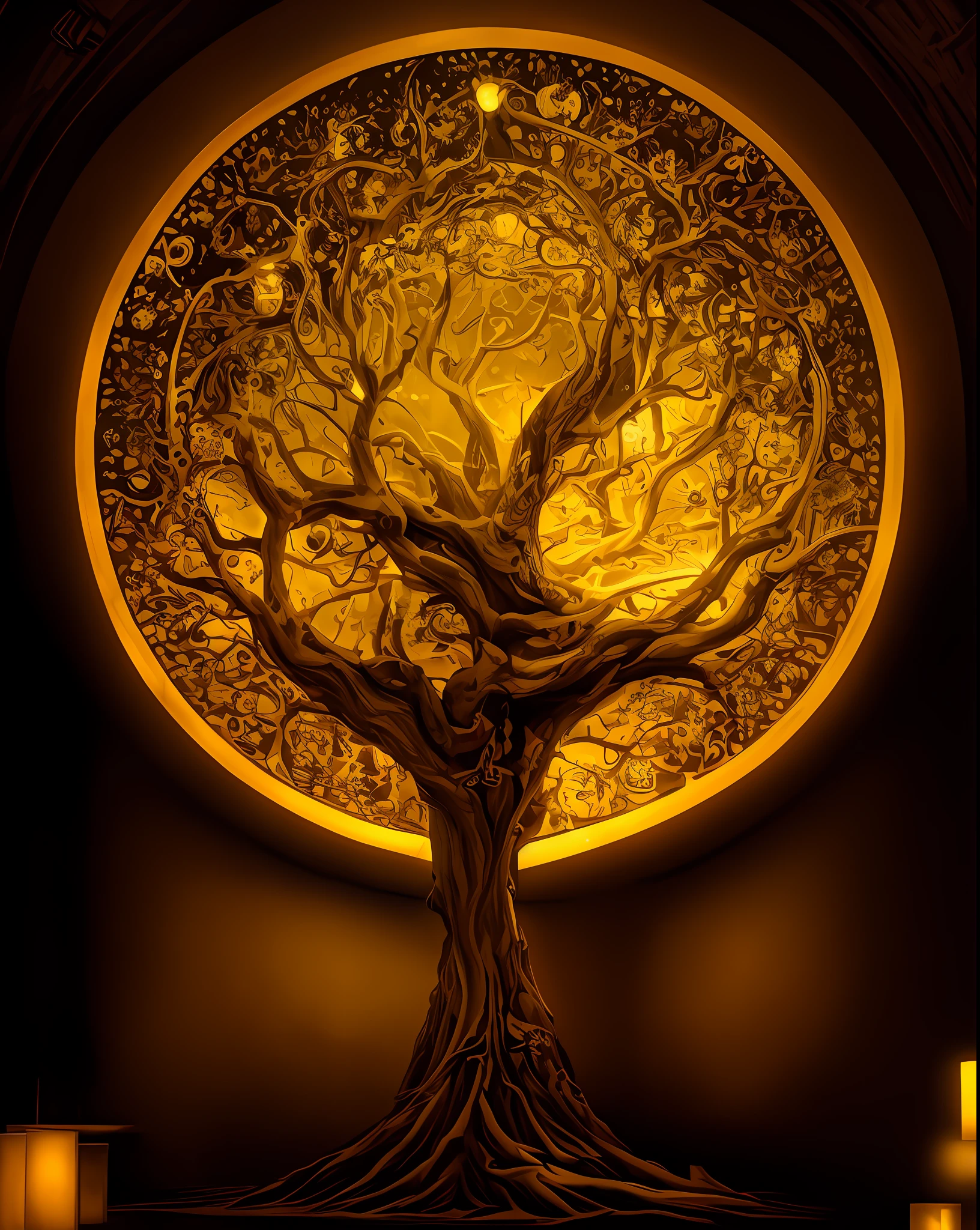 There is a large tree illuminated in the dark, golden sacred tree, Tree of Life, enlightening. Intricate, The Tree of Life, tree of life inside the ball, world tree, Cosmic Tree of Life, beautiful light up, yggdrasil, tree of life seed of doubt, Take epic and intricate photos, Intricate light, Fantasy Tree