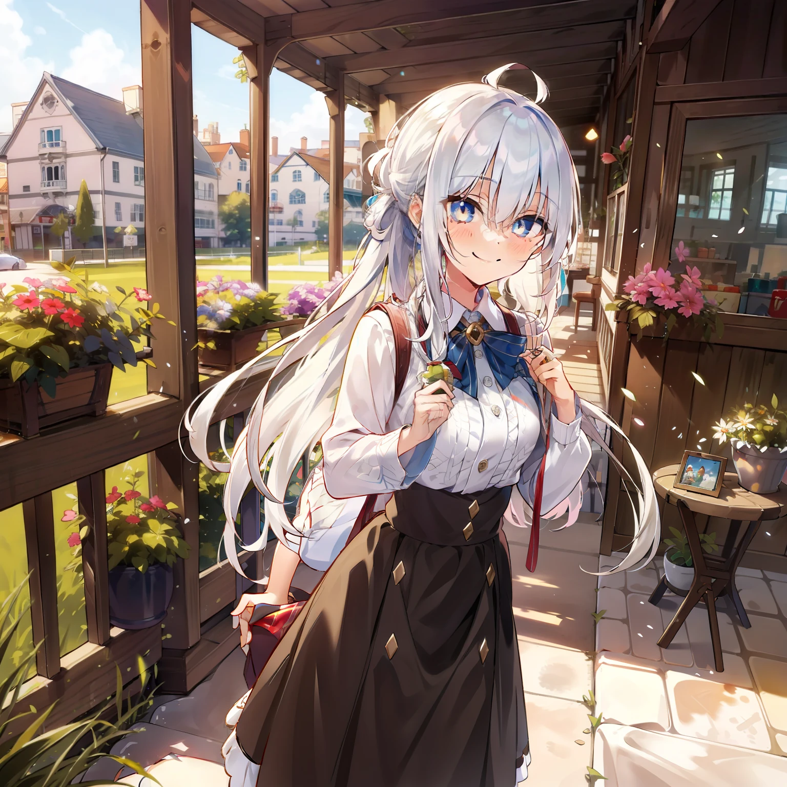 White-haired girl, cute face, high resolution, summer skirt, smile, hair tied up, different pupils, medium cups