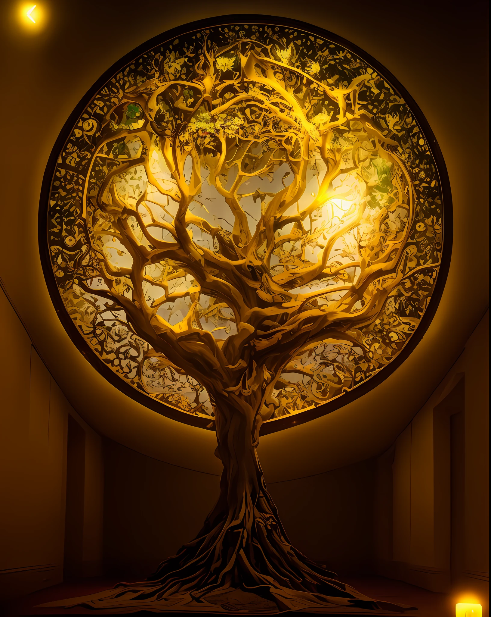 There is a large tree illuminated in the dark, golden sacred tree, Tree of Life, enlightening. Intricate, The Tree of Life, tree of life inside the ball, world tree, Cosmic Tree of Life, beautiful light up, yggdrasil, tree of life seed of doubt, Take epic and intricate photos, Intricate light, Fantasy Tree