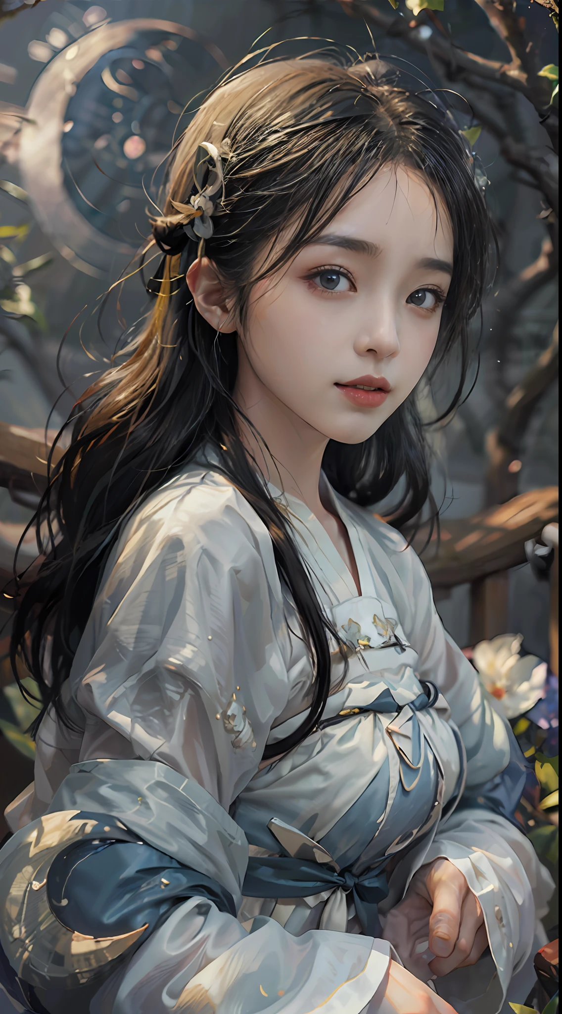 a 20-year-old woman, a girl Chinese fairy, gloom face, beautiful Chinese fairy tale face, beautiful face without flaws, slender body, fair skin, thin and beautiful lips, soft smile, keep your mouth shut again, (The scene of the moonlight is magical:1.8), the full moon shines, moonlight, the moon, (luxury house in ancient Chinese style:1.2), Chinese-style bun hair, shiny black hair, flying hair, long hair, blue eyes sad gaze, twinkle eyes, big round eyes and very nice and detailed makeup , holy woman body, breasts round, big and round breasts, a beautiful face in detail and well-proportioned eyes, meticulous makeup, drooping arms, Realistic and vivid images, stars that make up the sky, sexy body, most beautiful eyes, picture perfect eyes, beautiful saint and flowers, jewelry, beautiful face, upper body, hanfu, high resolution, best quality, best photo, 8k quality, 8k ultra, surreal, best real life photo, hdr, high skin detail, Bokeh, Smooth and sharp, 10x pixel increase, fictional art, 8k CGI, realistic, medium shot, (upper body), (white hanfu:1.8),