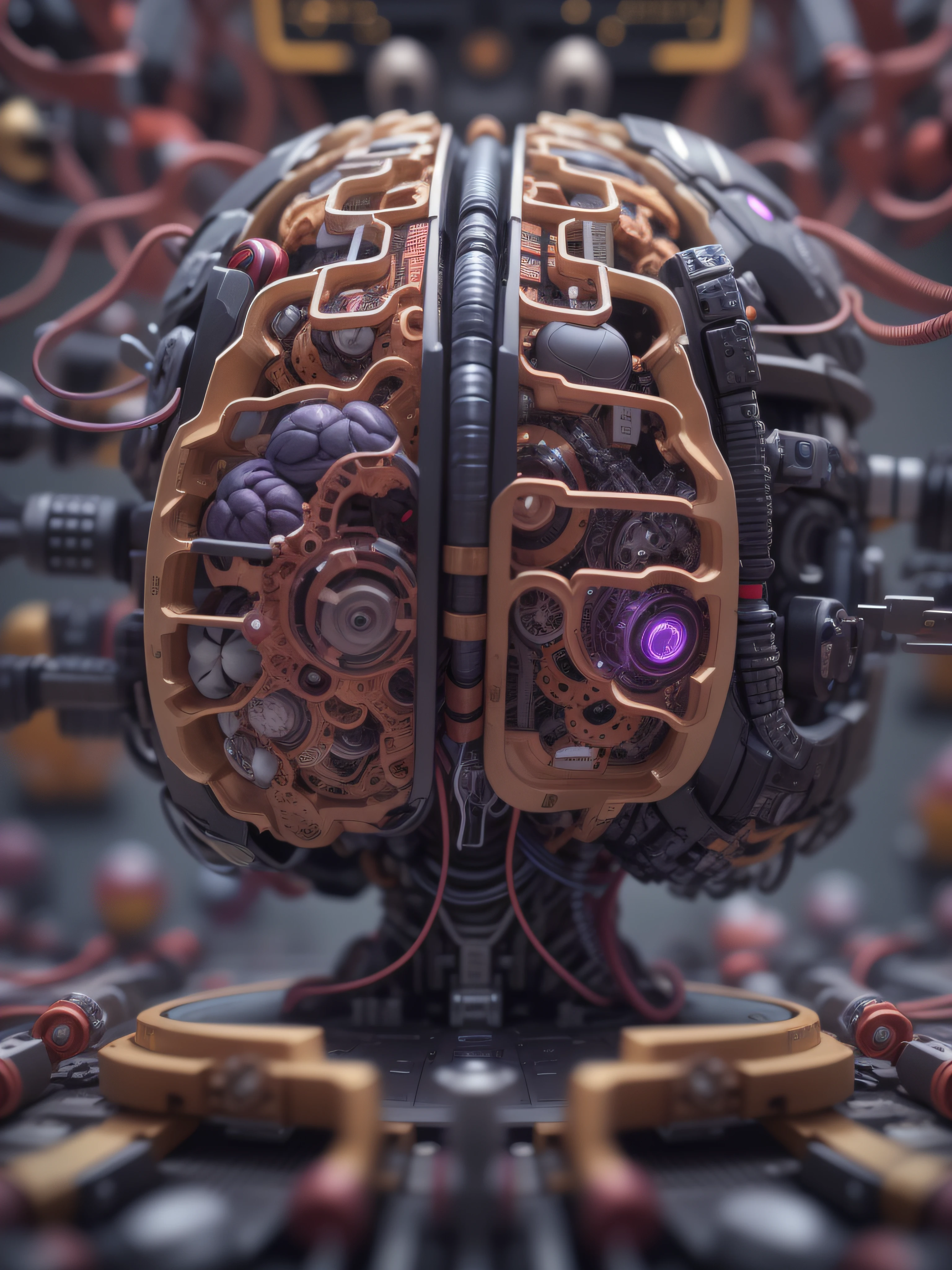 complex 3d render ultra detailed of a beautiful porcelain human brain, cyborg, robotic parts, 150 mm, beautiful studio soft light, rim light, vibrant details, luxurious cyberpunk, lace, hyperrealistic, cable electric wires, microchip, elegant, beautiful background, octane render, 8k, black olive, burgundy colors, coral color, deep colors, dark violet