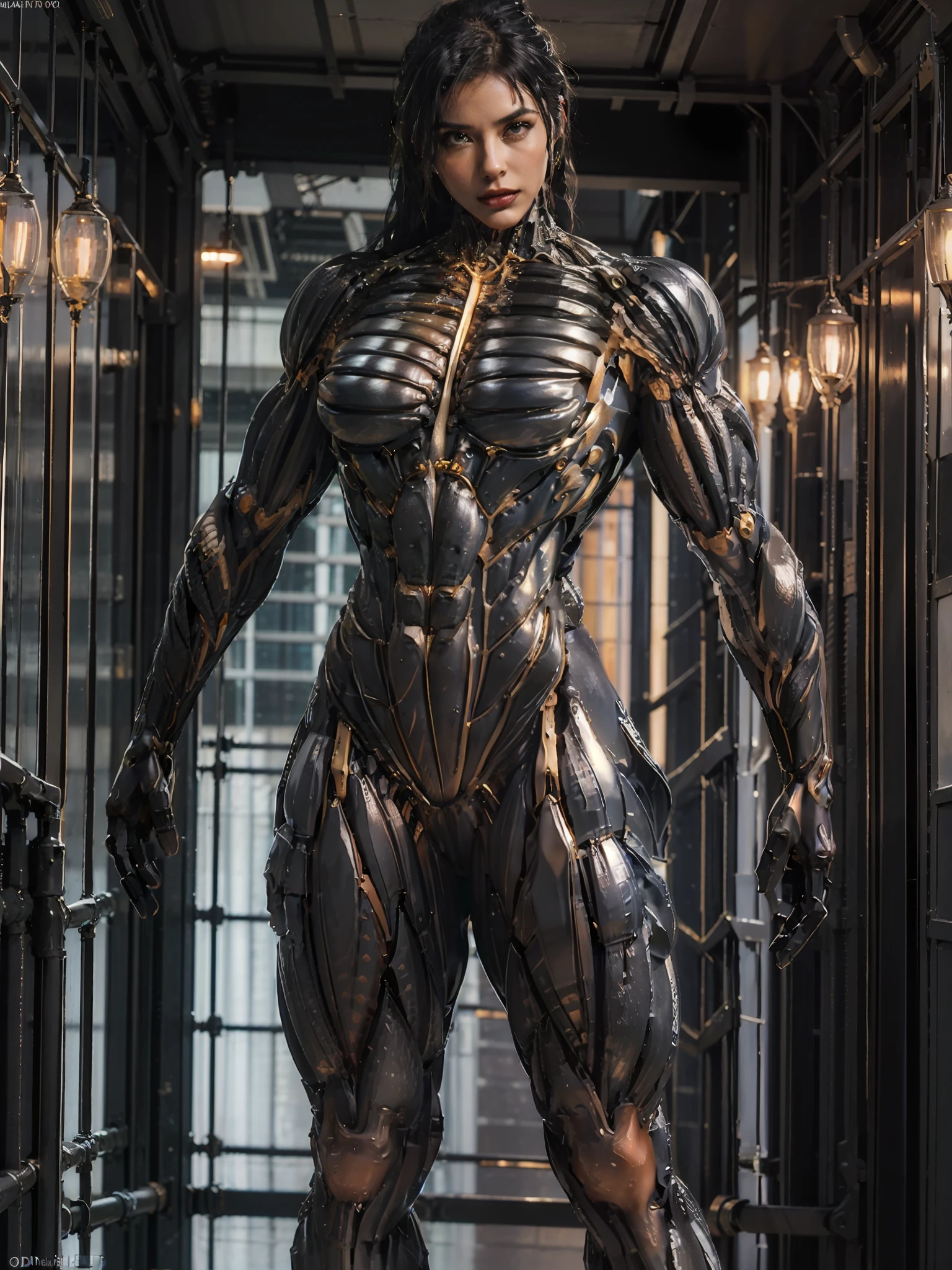 (borg queen:1.25), (muscular black borg queen metallic filigree intricate cybernetic skin tight muscle suit:1.5),  (full body pose:1.5), white skin, white hair, (perfect anatomy:1.5), (huge muscular arms:1.5), perfect model face, beautiful gorgeous smile, (super muscular physique:1.5), (((narrow hips))), (cables everywhere:1.25), thin thighs, (larger upper body:1.5), (small pecs), muscular chest, small waist, (perfect fingers:1.2), (UHD 8k:1.5), solo female, realistic image, photo quality, beautiful girl, best quality, ultra-detailed, masterpiece, realistic skin texture, 85 mm art lens, f 1.2, sharp focus, 8 k high definition, insanely detailed, intricate,