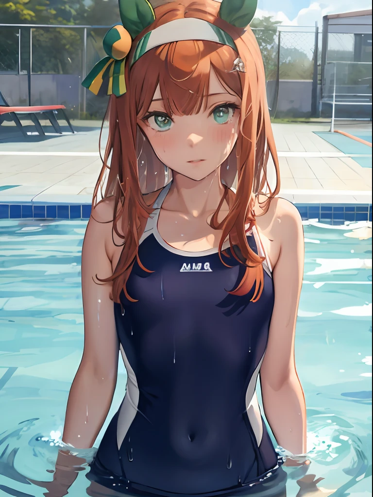 masterpiece, best quality, facing viewer, full body, flat bust,
silence suzuka \(umamusume\), swim suit, green and white swim suit, wet skin,  wet hair, background: school pool,