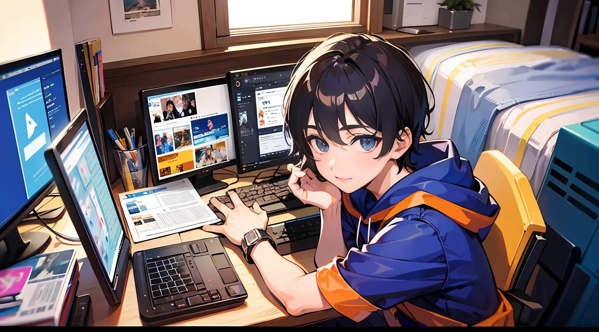 A teenage boy is sitting in front of his computer at home, joyfully livestreaming. --auto --s2