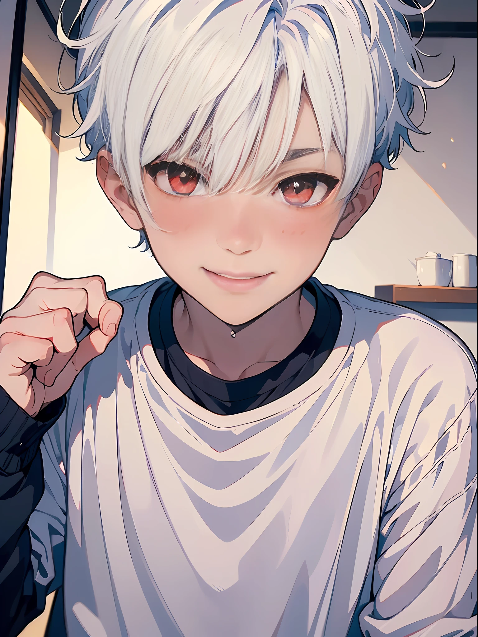 ((masterpiece)),(((best quality))), (high-quality, breathtaking),(expressive eyes, perfect face), 1boy, solo, male, short, young, small boy, short white hair, red eyes, smiling, blushing, long sleeve sweater, short shorts, indoors, eat ice cream, cute, sweet, close up