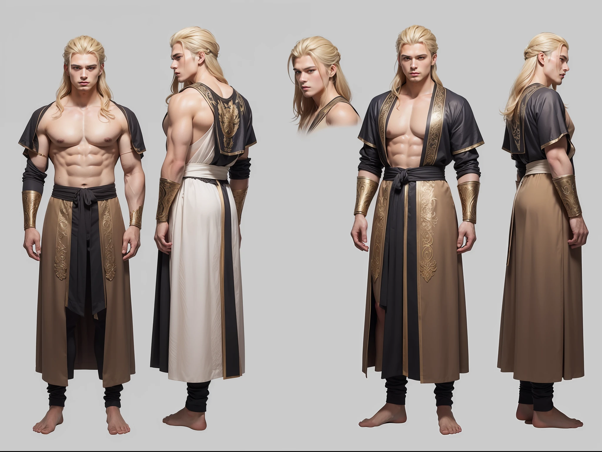 (masterpiece), ultra-detailed, 3 views, character view(front view, side view , back view),ultra detailed to each 3 views, (small character sheet) , reference sketch of a God, Greek mythology God, Zeus, handsome face detailed, blonde hair color, His physical appearance is usually portrayed with a strong and muscular build, wearing traditional Greek clothing, like a flowing robe or chiton, ultra-realistic and sharp detail and intricate, intricate details, and style, simple background illustration