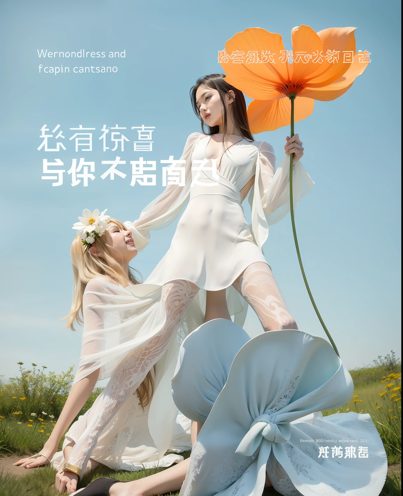 There is a poster，Above it are two women in white dresses and a flower, cover, Artistic cover, xianxia fantasy, Middle metaverse,  trending on cgstation，Best quality --ar 9:16 --iw 2
