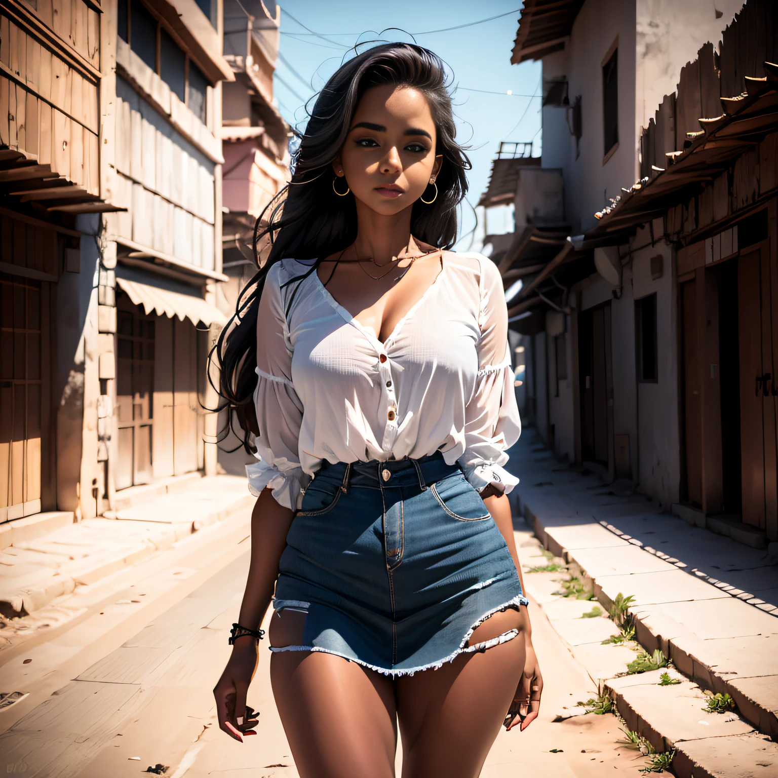 Girl standing in the moonlight，The environment is deserted，Corpo inteiroesbiano，cabelos lisos longos e brancos，Sem sapatos，meias brancas，not exposed，Sombra traseira，Olhe para frente，Saia Curta, olhos verdes