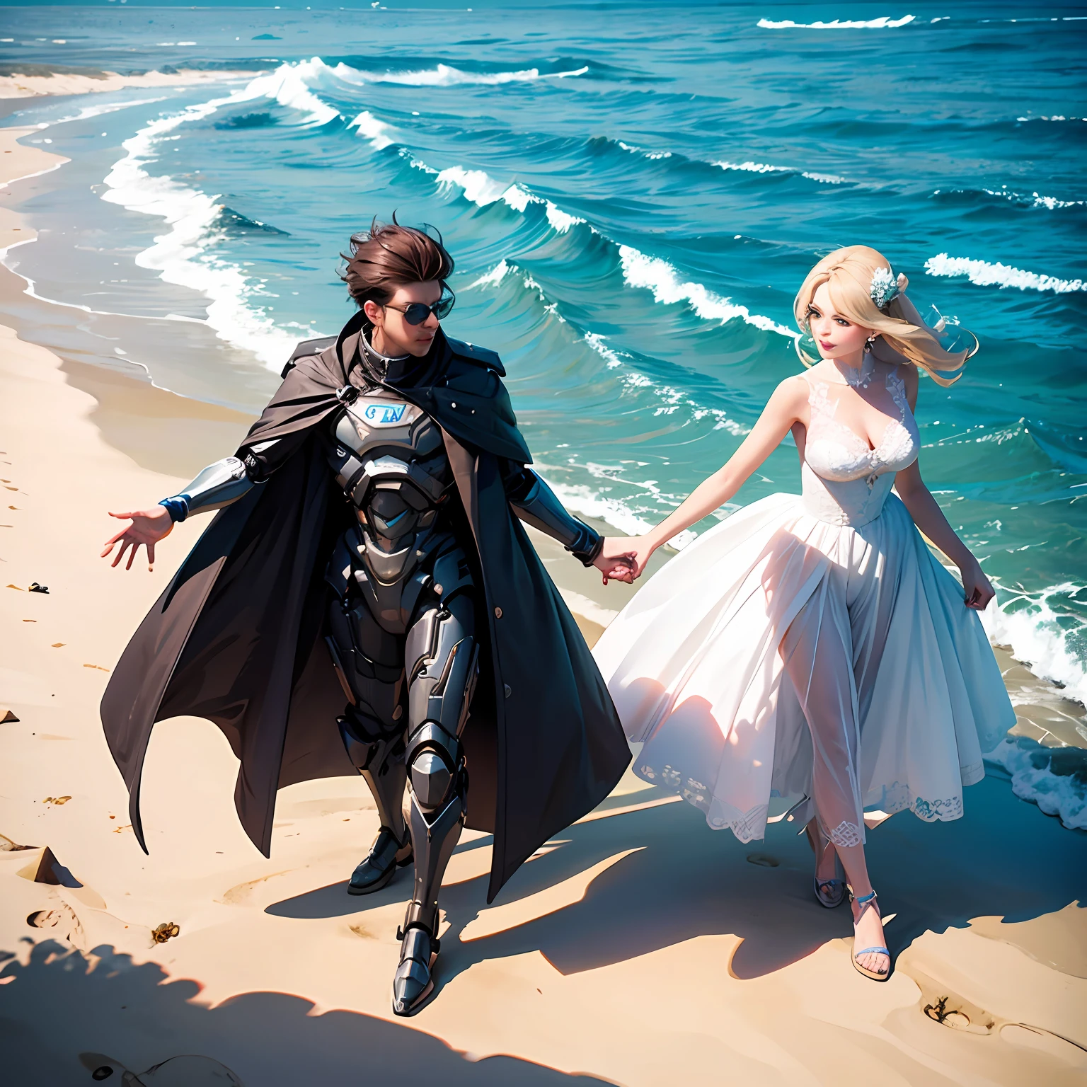 Robot and beauty holding hands standing on the beach --auto