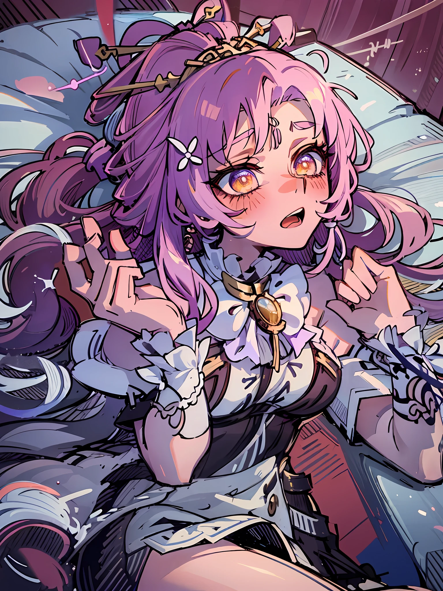 ((masterpiece,best quality)), highres, 1girl, fuxuan, love in eyes, bow hairpins, blushing, shyness, drooling, rolling eyes, white bow tie, maid outfit, long sleeves, miniskirt, exposed panties, hands raised above the head, lying on bed, big breasts, leg rings, white liquid, binding, single