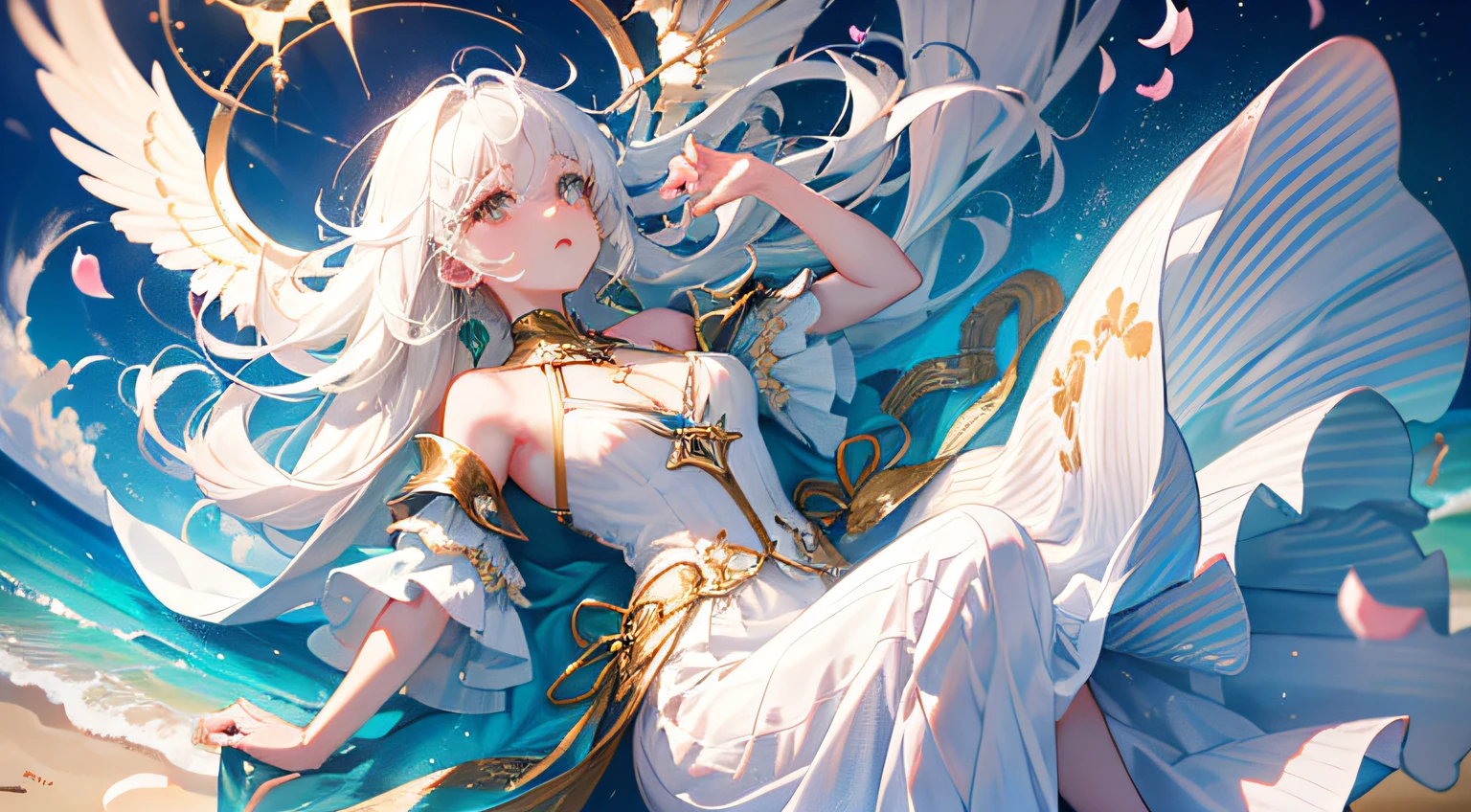 top-quality、masterpiece、white hair、Gold Eye、white clothes、look up to、Hair strands、light skinned、Side braid、((fullllbody))、((the beach))、Fantastical、Mystical、(Lots of petals fluttering)、artistic、Long skirt flutters、Angle from below、