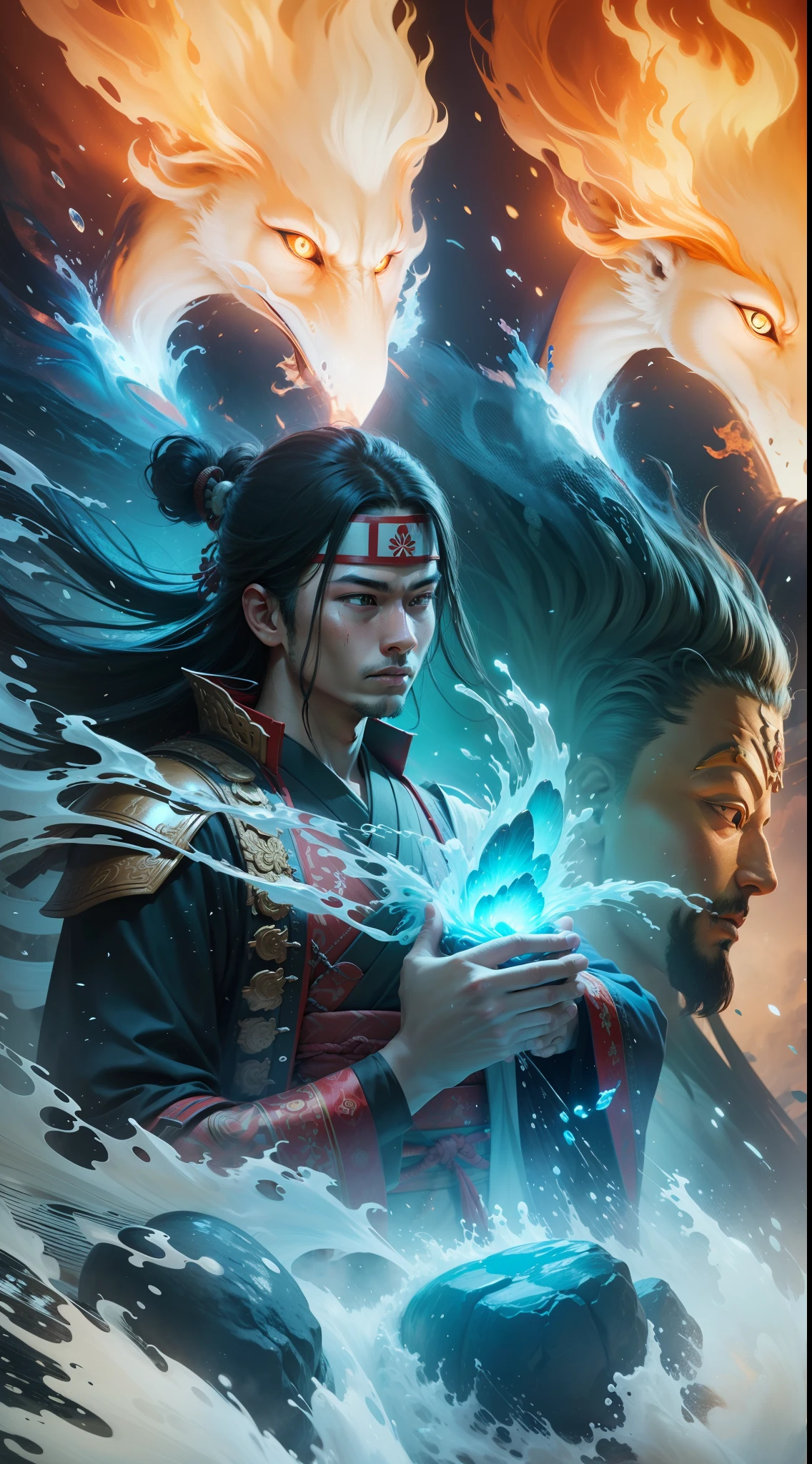 ,man holding his palms together, flaming eyes, wearing a headband, long hair, wearing a samurai robe,wearing japanese samurai suit Armor, a giant thousand-armed buddha statue, water flowing around him, fire effects, mystical powers,8k quality, rendering, high quality, ultra detail, ultra realistic, Raw photo, 8k wallpaper, masterpiece.