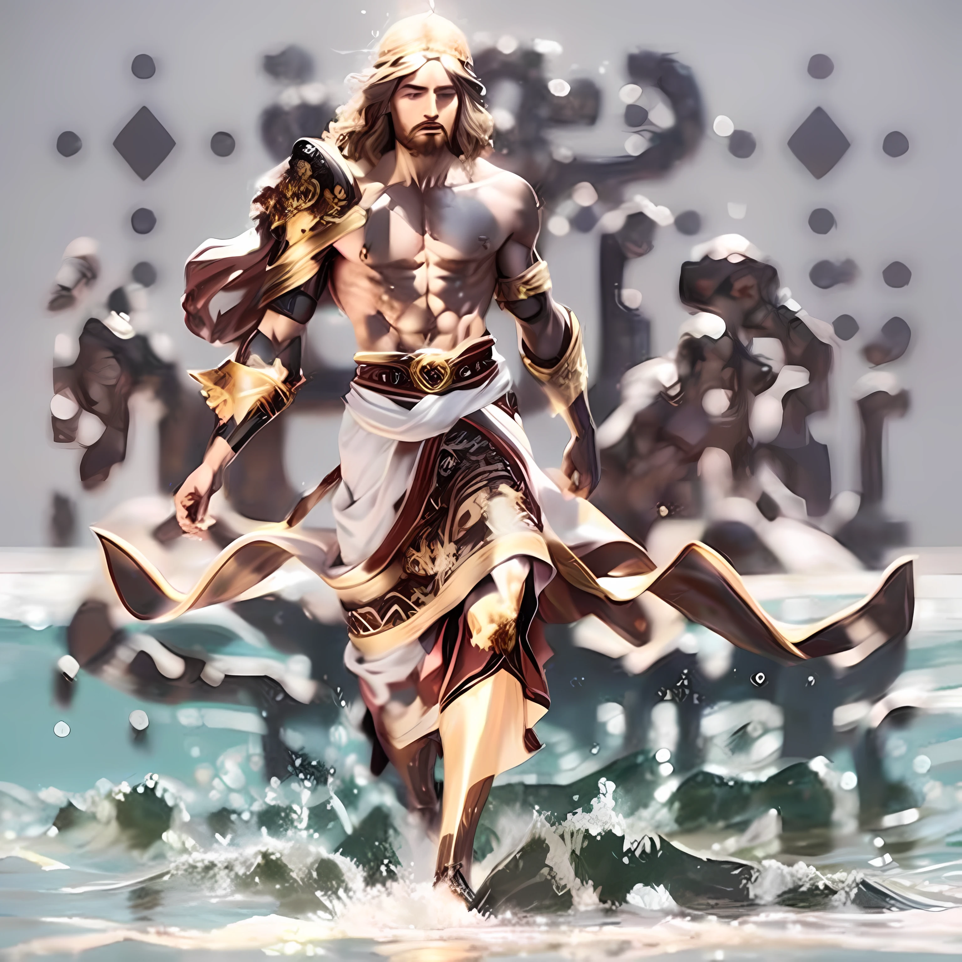 A man in a costume is walking in the water, the god of the sea, concept art of god, the god poseidon, god of the ocean, the greek god, unreal engine render saint seiya, ( ( The king of artificial intelligence art ) ), attractive male deity, cyborg hindu godbody, greek myth digital painting, henry cavill as a greek god