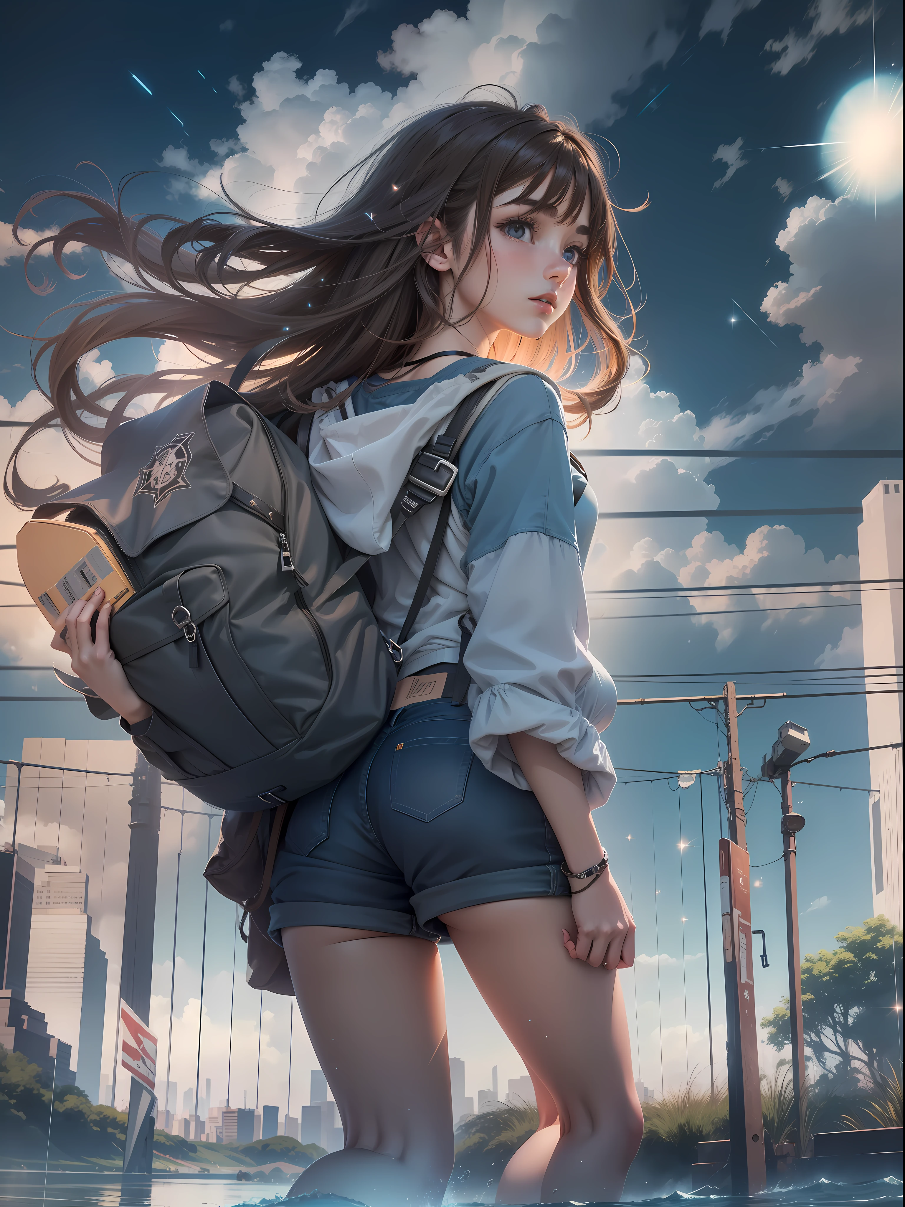 (beautiful and magnificent skyline, majestic sky), (extremely tense and dramatic pictures, moving visual effects), (high hanging Polaris, colorful natural light), (1girl), (long-sleeved top, denim shorts, carrying a backpack), (dynamic pose:1.3, black eyes, black hime-cut hair, sparkling girl)[:0.8], (large grassland), (oncoming breeze), (brown hair and background Coordination effect: 1.2), (close shot, long shot mix and match)[::0.9]