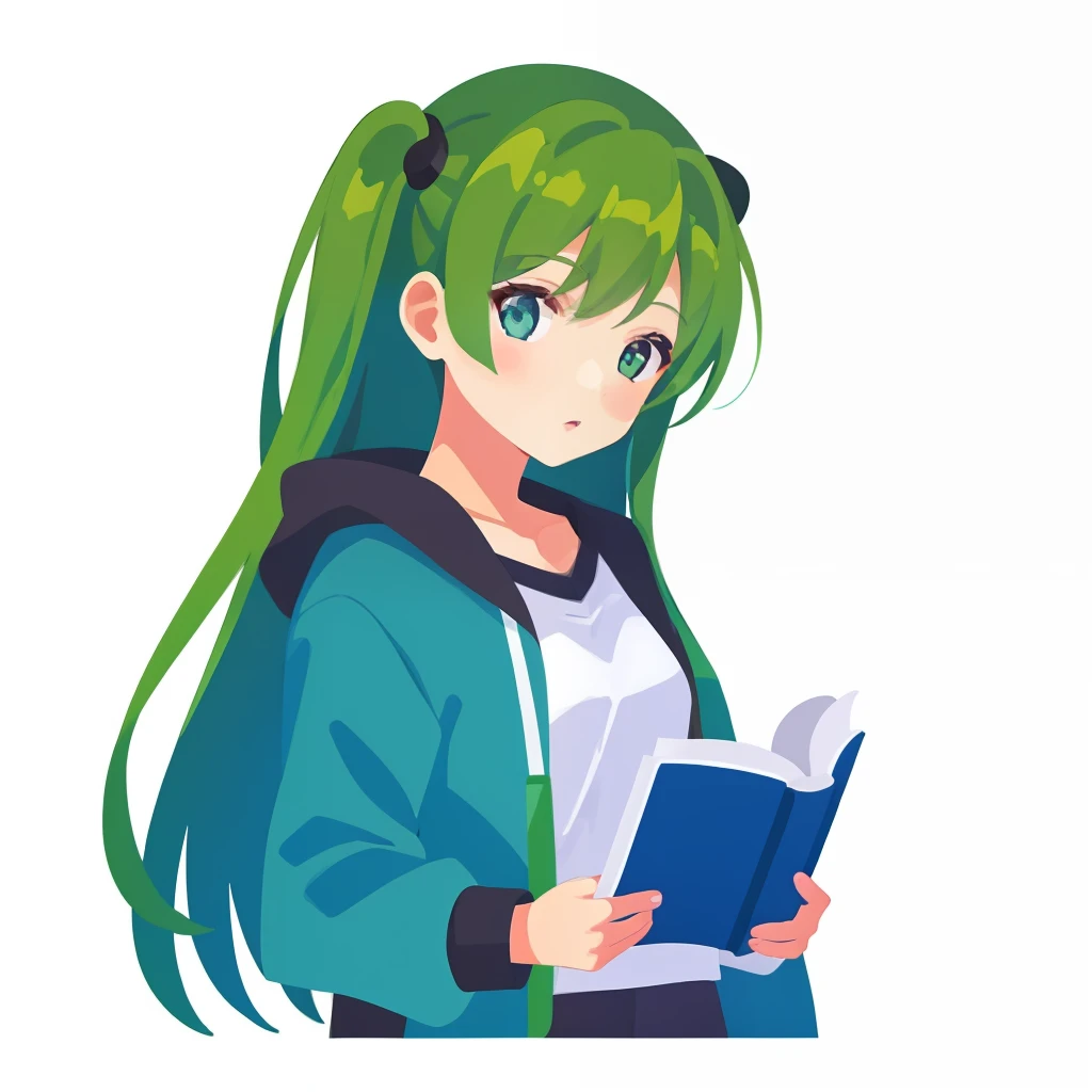 超A high resolution, nffsw, Best aesthetic, Best Quality, masutepiece, ik1、I'm reading a book、1girl in、Jade-colored jacket、cartoon bone、Plain white background