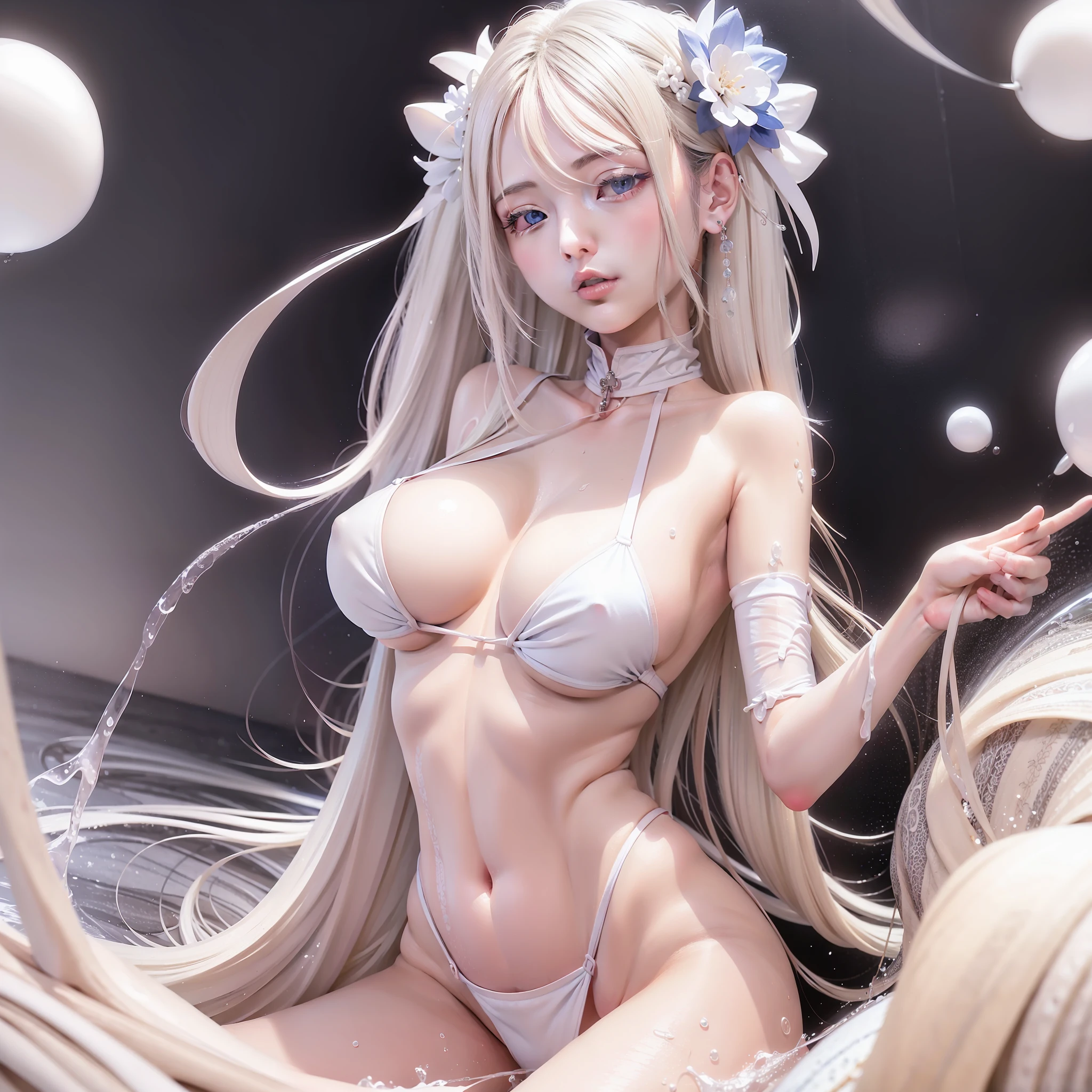 tmasterpiece，Best quality at best，8K，swim wears，white color hair，Blue eyes，A white, A viscous fluid flows in the breast，mideum breasts，Two-dimensional girl