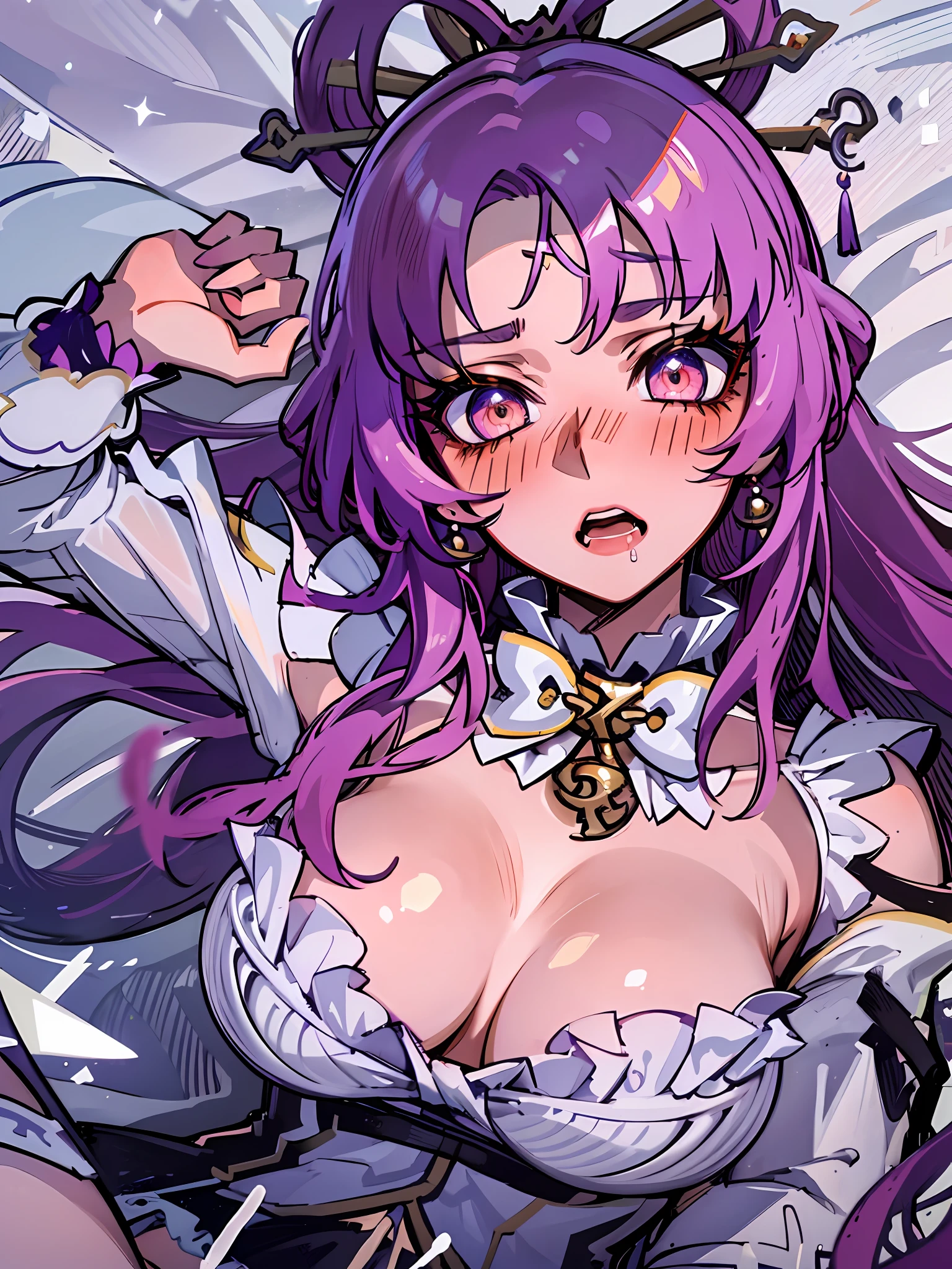 ((masterpiece,best quality)), highres, 1girl, fuxuan, love in eyes, bow hairpins, blushing, shyness, drooling, rolling eyes, white bow tie, maid outfit, long sleeves, miniskirt, exposed panties, hands raised above the head, lying on bed, big breasts, leg rings, white liquid, binding, single