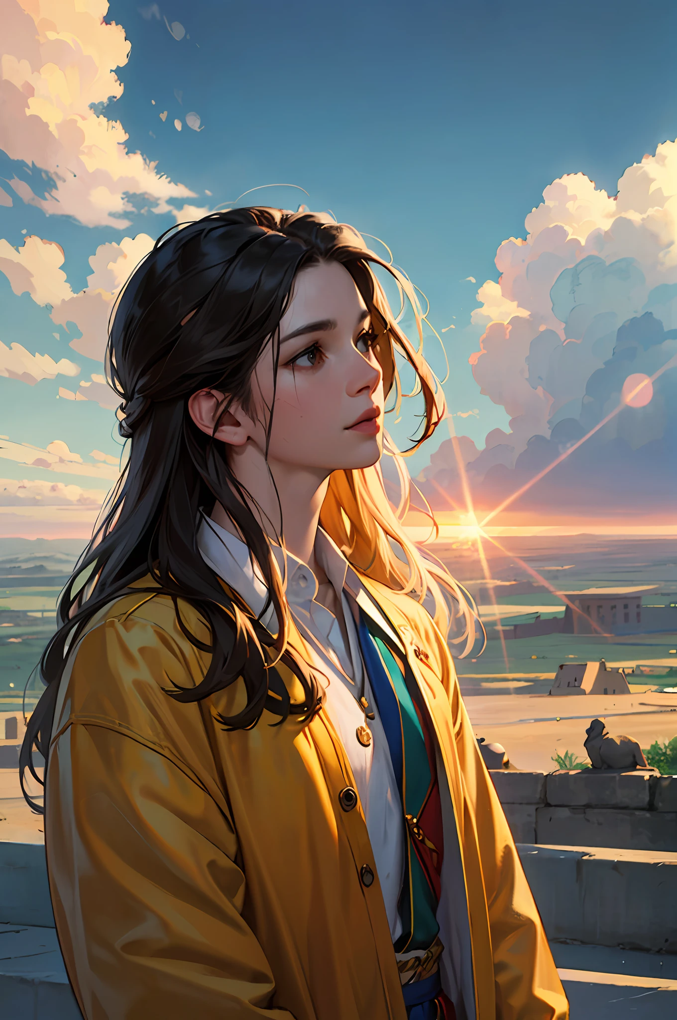 (RAW photo, best quality), (realistic, photo-realistic:1.3),best quality,highly detailed,masterpiece,ultra-detailed,illustration,1girl,upper_body,dynamic angle,world masterpiece theater,messy_long_hair,best quality,extremely detailed CG unity 8k wallpaper,ink,Amazing,cinematic lighting,lens_flare, dunhuang_style --auto