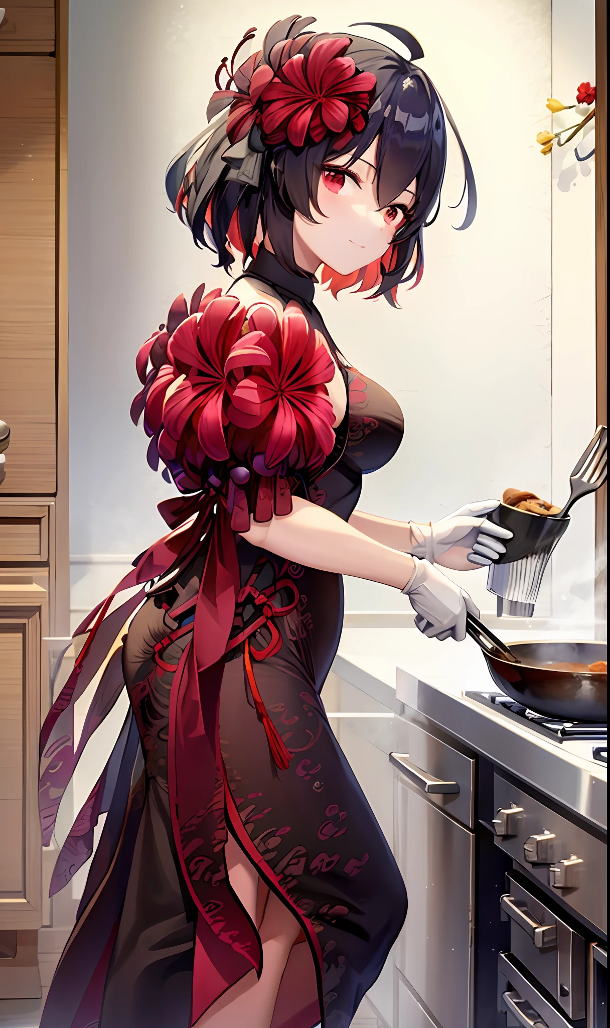 1girll, Cowboy shot,china dress, White background,kitchens,cook